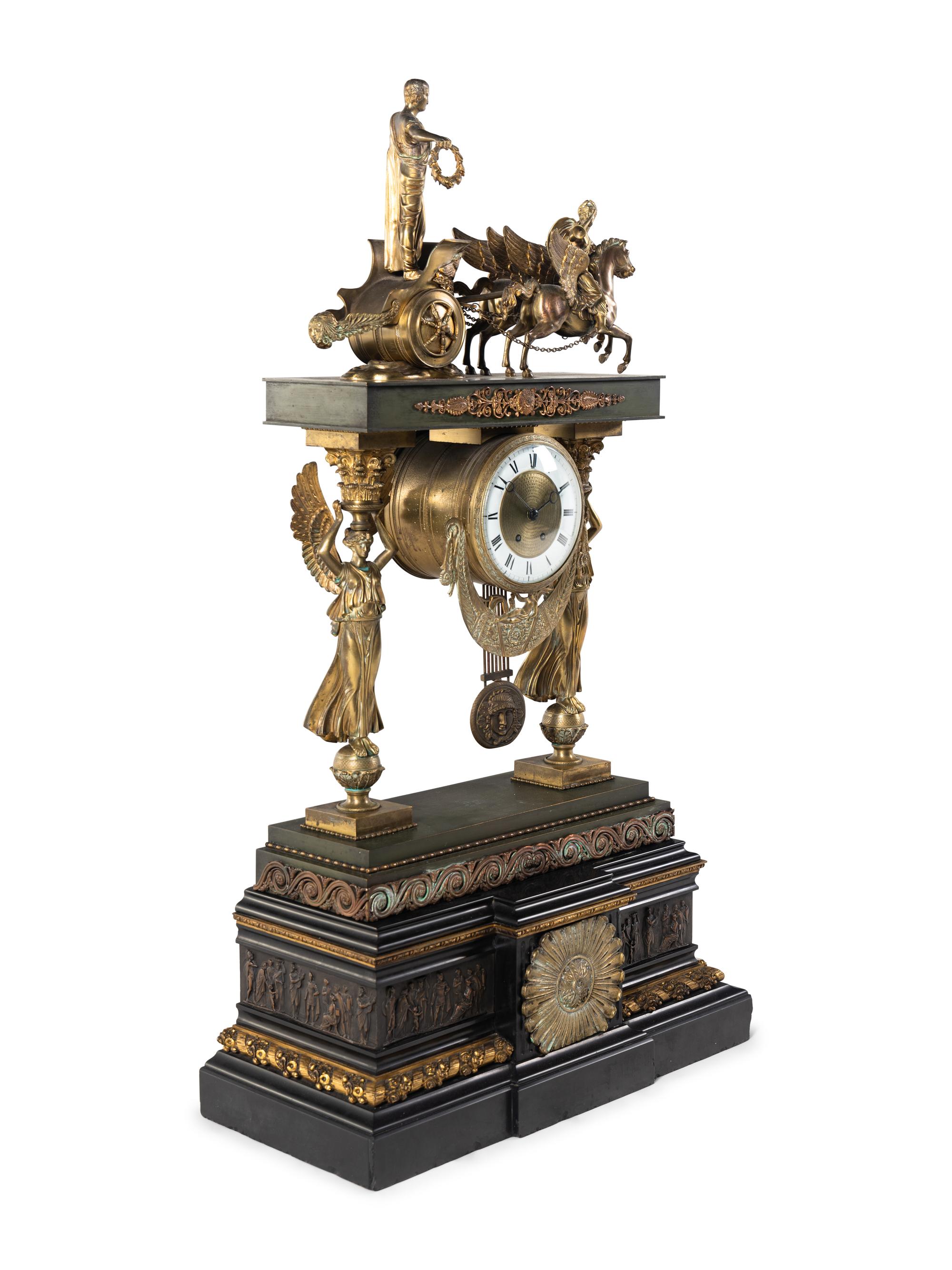A Large Empire Style Gilt Bronze Mantel Clock