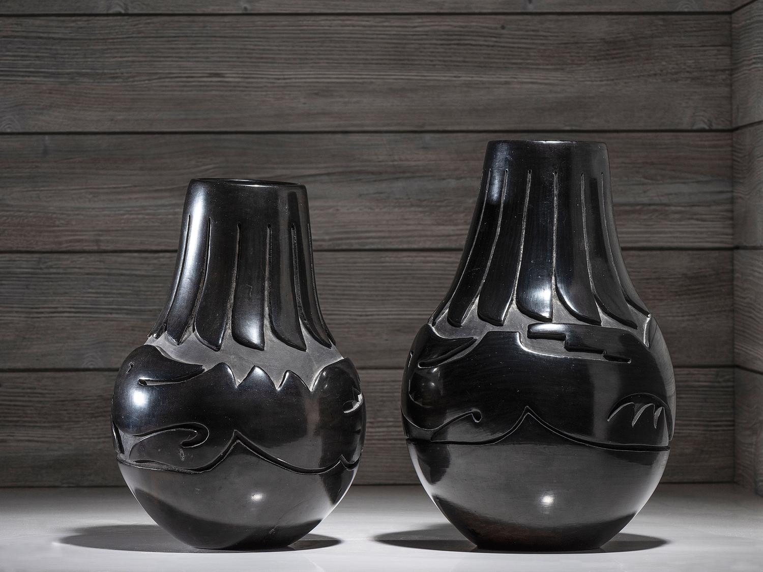 Pair of Carved Blackware Pottery Vases