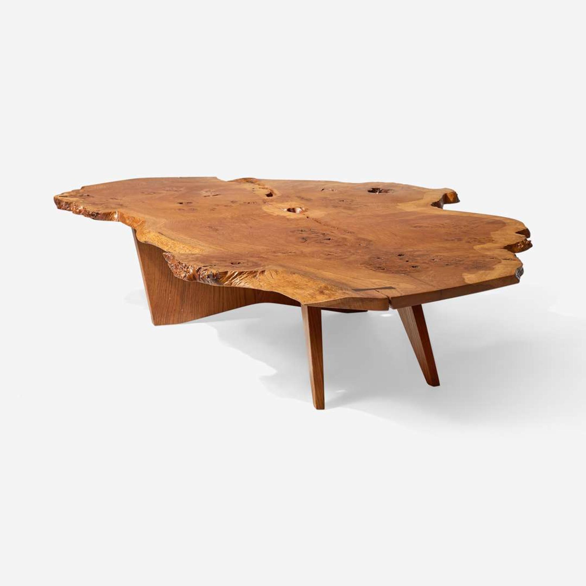 George Nakashima (American, 1905-1990) Exceptional English Oak Burl "Slab" Coffee Table, New Hope, Pennsylvania, 1967
