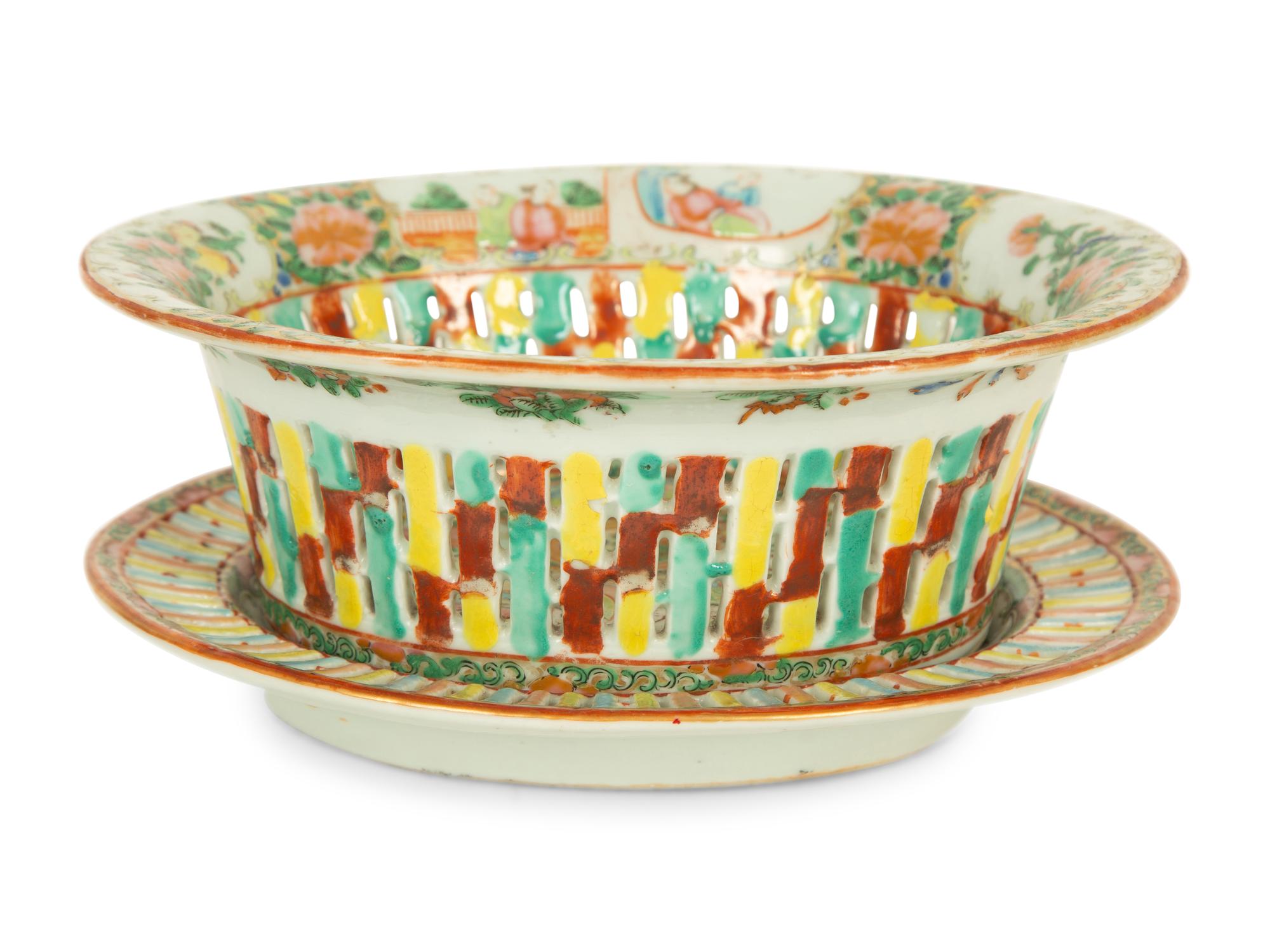 A Chinese Rose Medallion Porcelain Basket and Undertray
