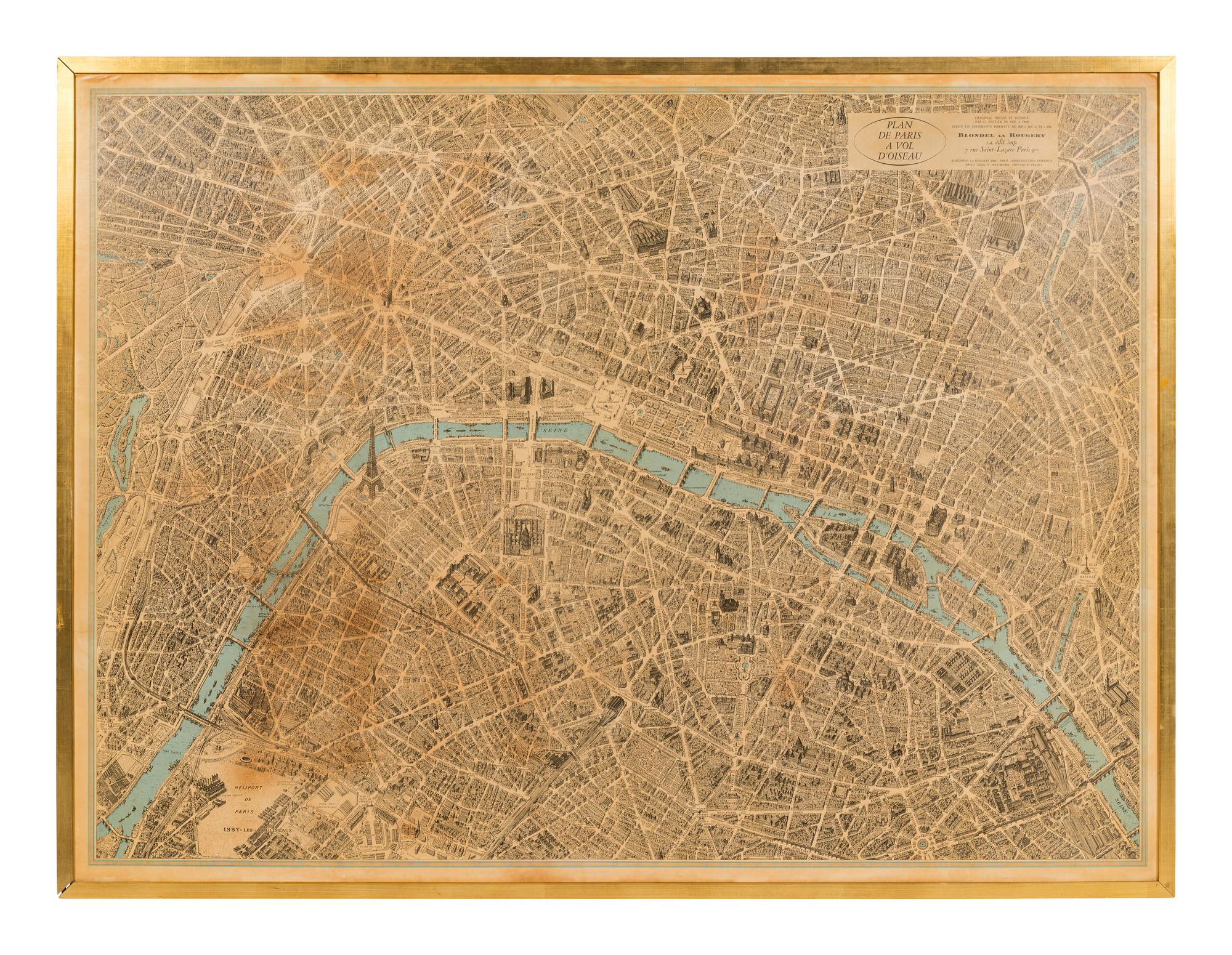 PELTIER, Georges. Plan de Paris a Vol D'oiseau . Paris: Blondel La Rougery, 1959. 48 1/2 x 64 inches. Framed.