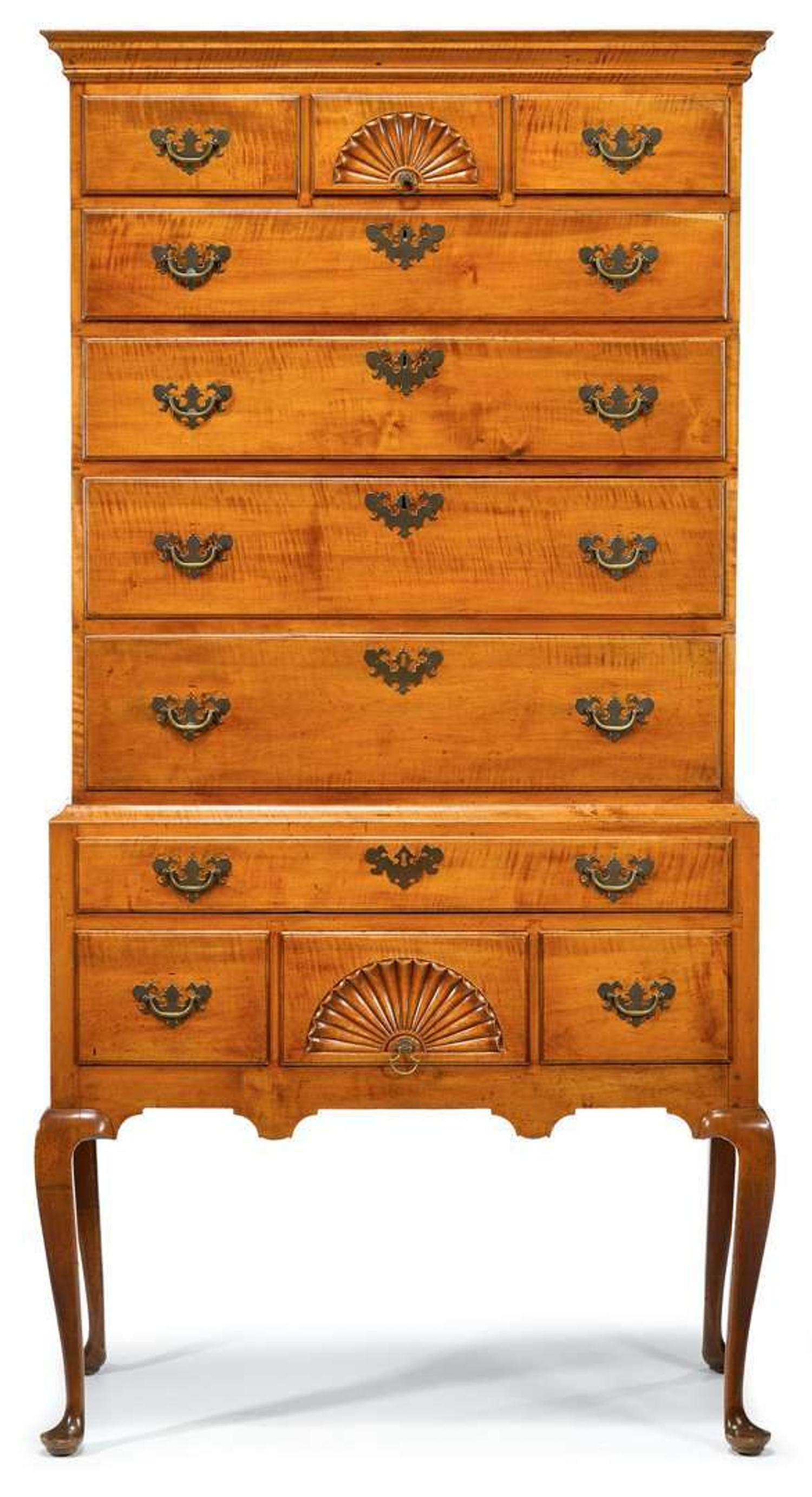 Queen Anne carved figured maple high chest massachusetts, circa 1760