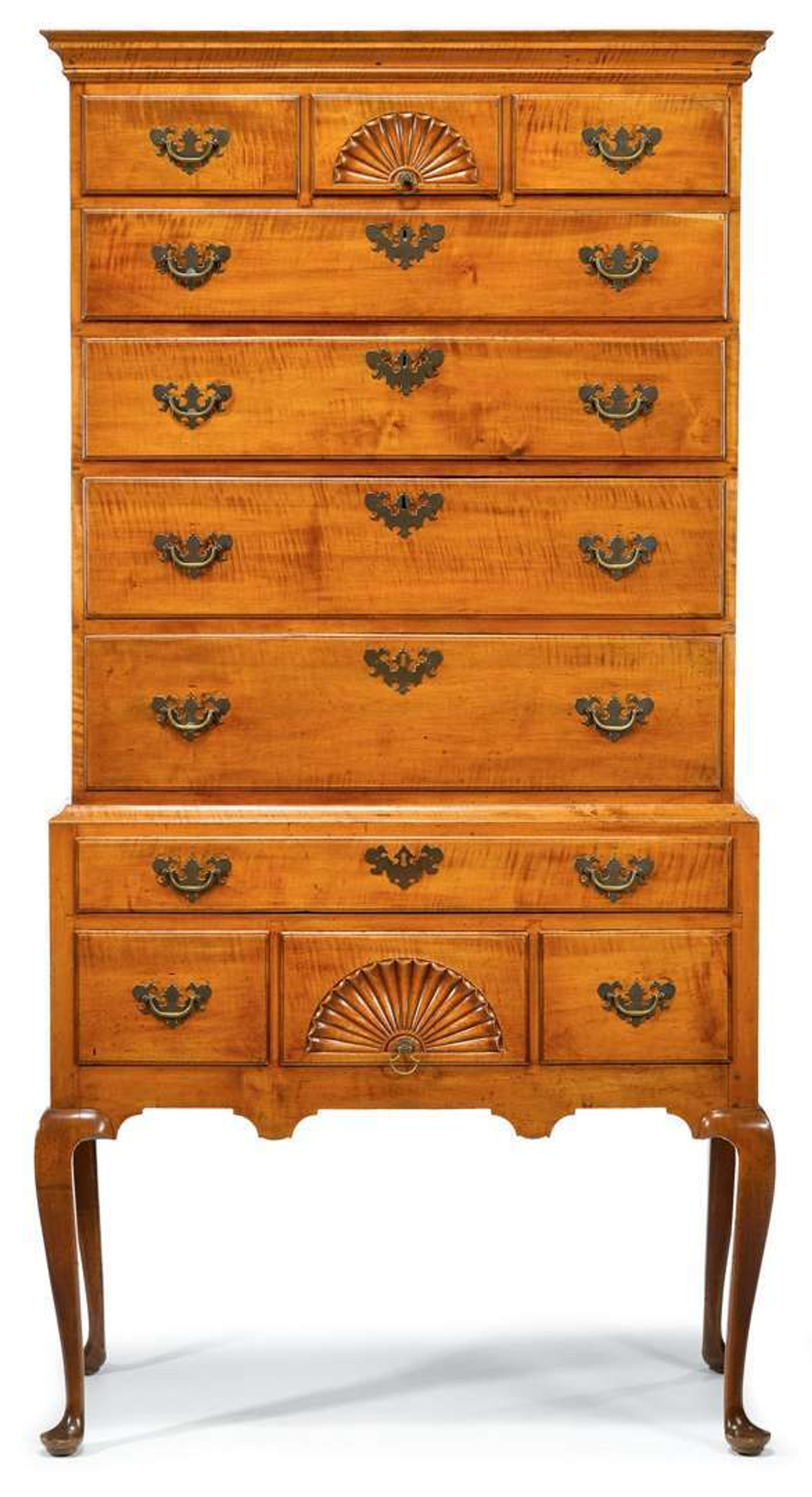 Queen Anne carved figured maple high chest massachusetts, circa 1760