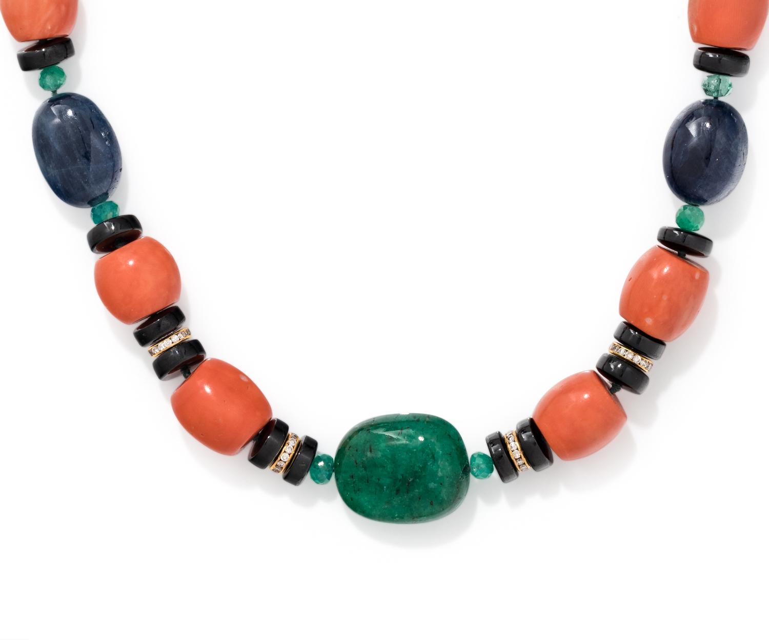 CORAL, EMERALD, ONYX AND DIAMOND BEAD NECKLACE