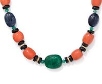 CORAL, EMERALD, ONYX AND DIAMOND BEAD NECKLACE