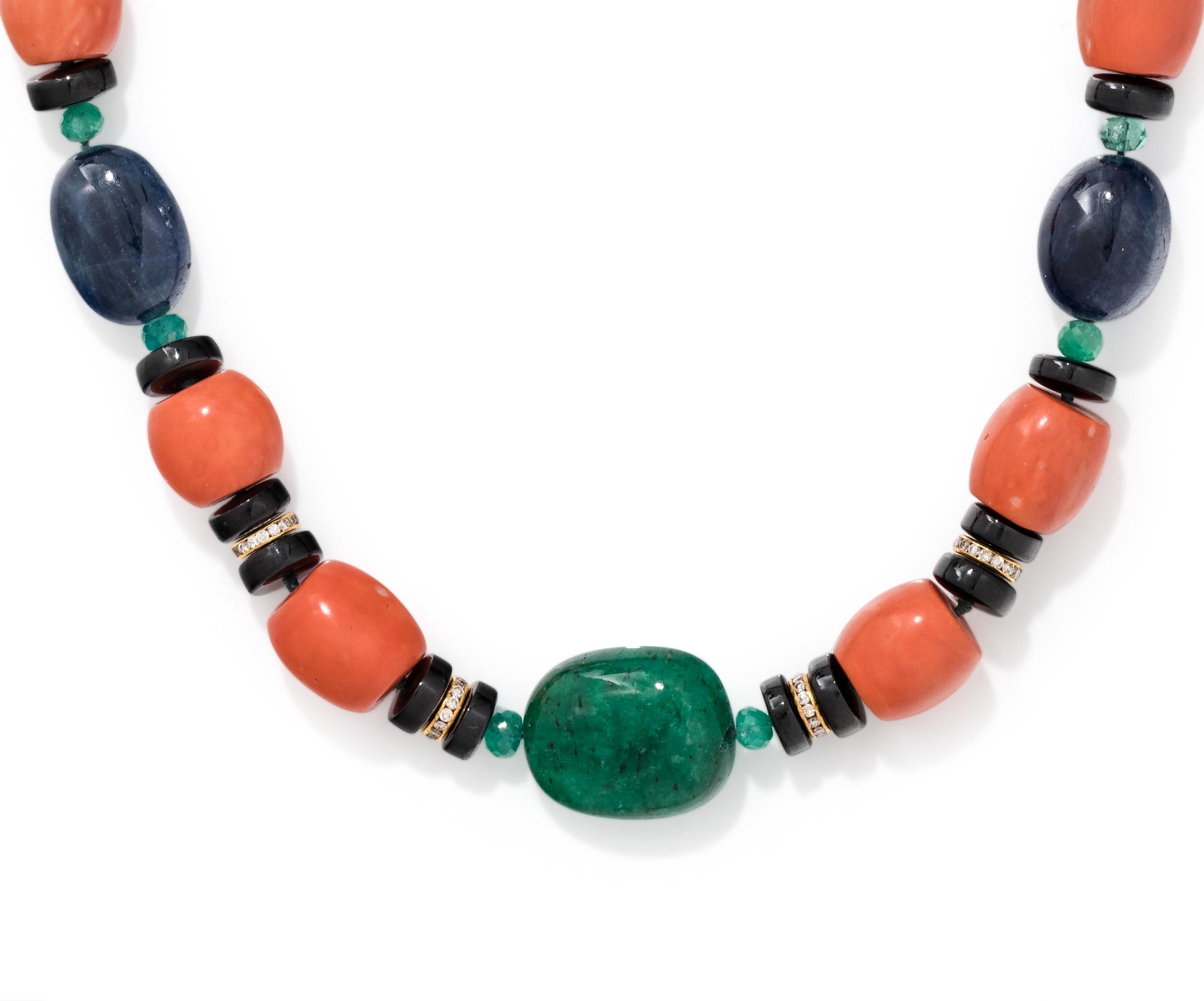 CORAL, EMERALD, ONYX AND DIAMOND BEAD NECKLACE