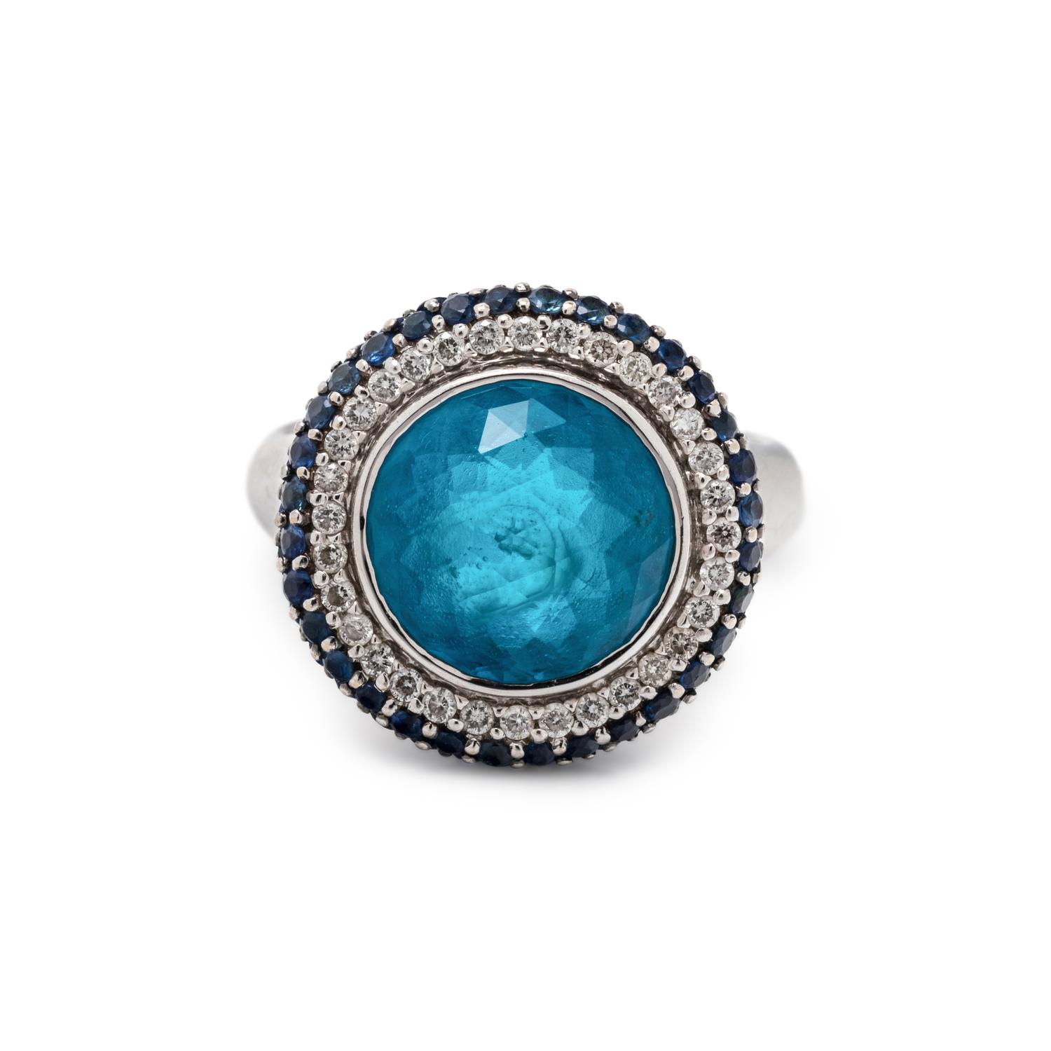 BLUE TOPAZ, SAPPHIRE AND DIAMOND RING