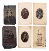 [EARLY PHOTOGRAPHY - PORTRAITURE]. A group of 21 assorted daguerreotypes, ambrotypes, tintypes, and CDVs of men, women, and children, with Kenosha, WI album with tintypes, CDVs, and cabinet cards.