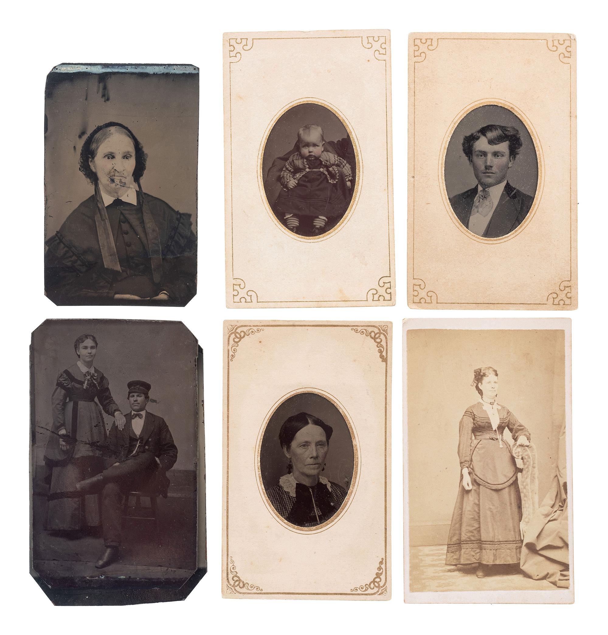 [EARLY PHOTOGRAPHY - PORTRAITURE]. A group of 21 assorted daguerreotypes, ambrotypes, tintypes, and CDVs of men, women, and children, with Kenosha, WI album with tintypes, CDVs, and cabinet cards.