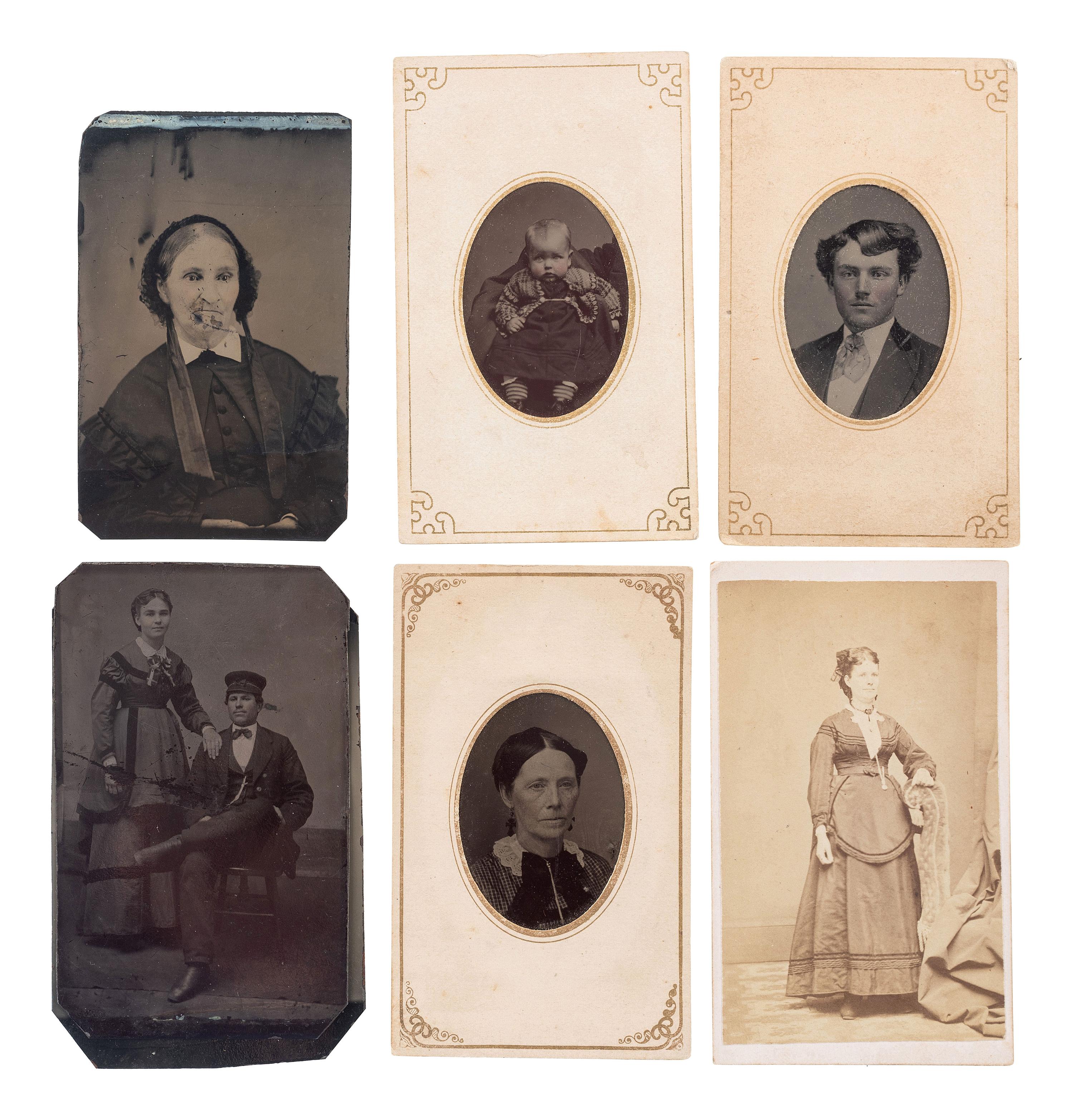 [EARLY PHOTOGRAPHY - PORTRAITURE]. A group of 21 assorted daguerreotypes, ambrotypes, tintypes, and CDVs of men, women, and children, with Kenosha, WI album with tintypes, CDVs, and cabinet cards.