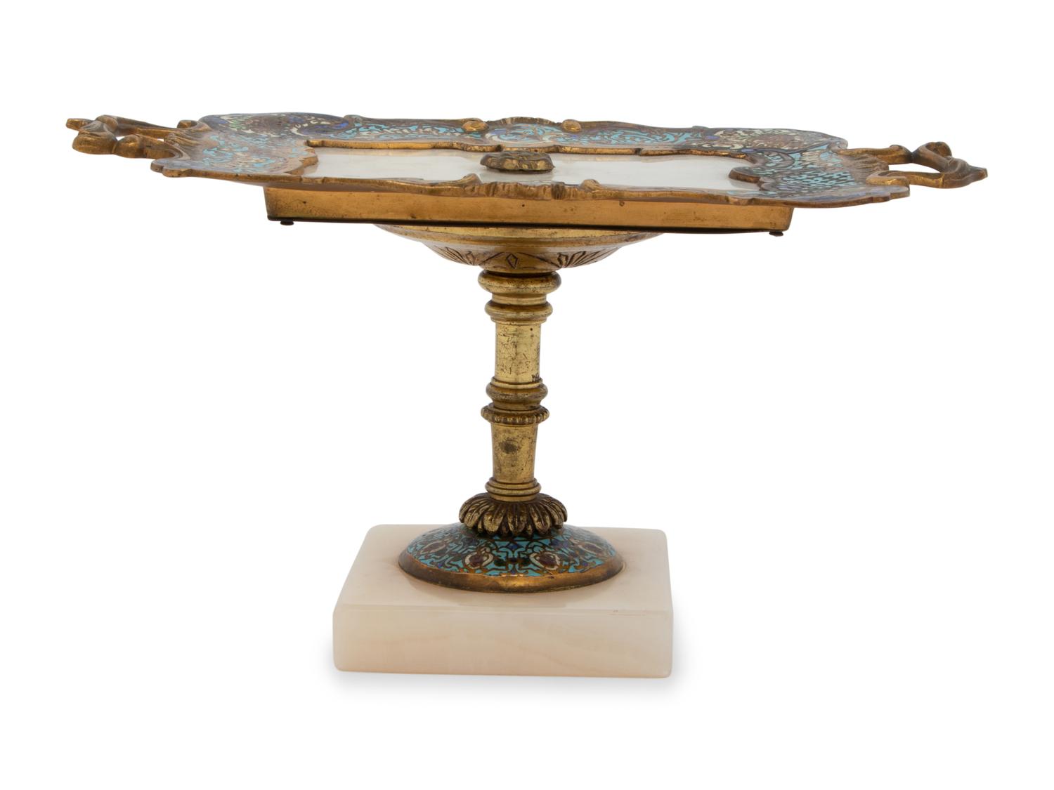 A French Gilt Metal, Champlevé and Alabaster Card Tray