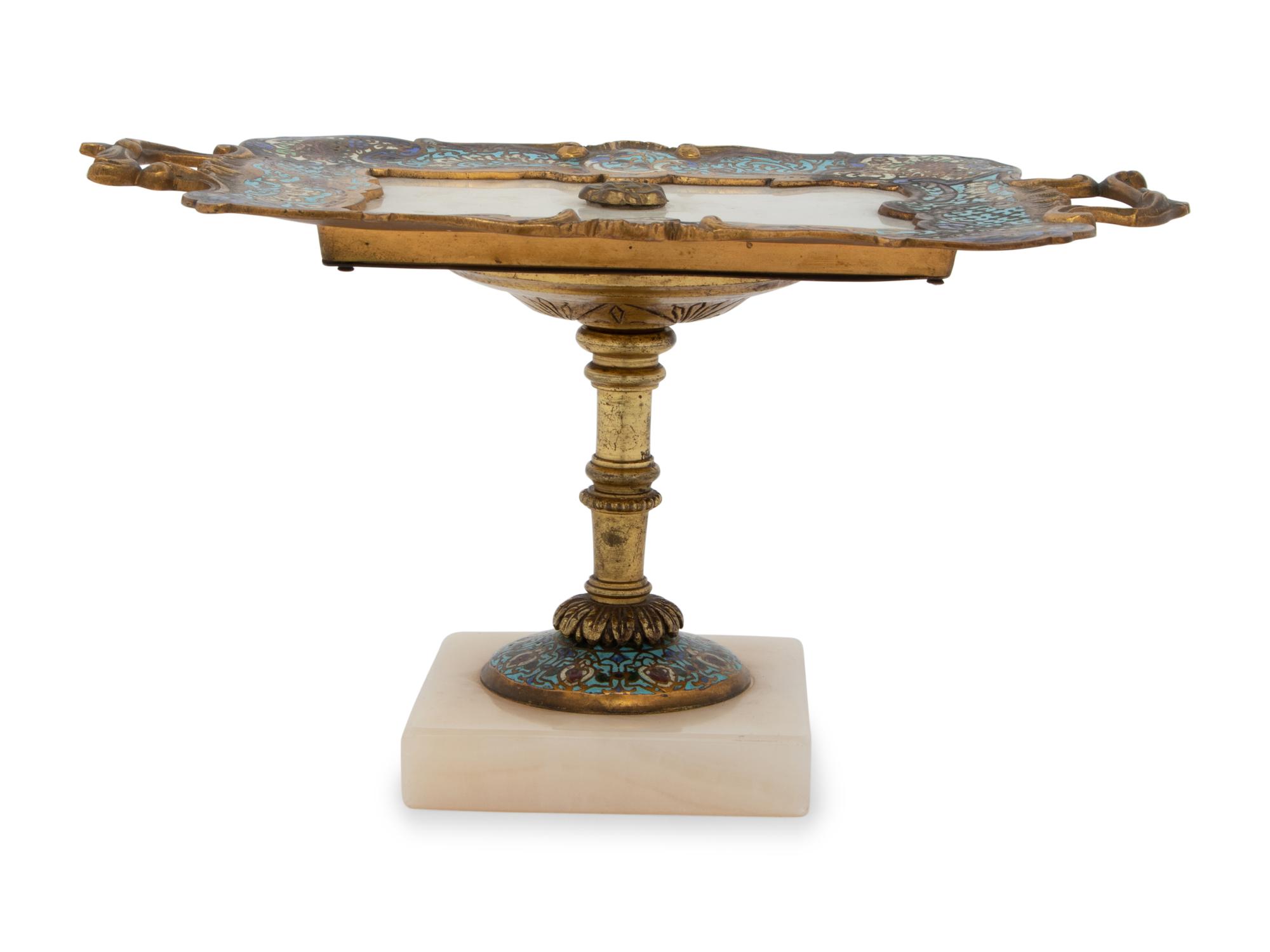 A French Gilt Metal, Champlevé and Alabaster Card Tray
