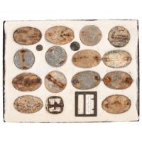 Large Riker Case of 15 Dug Civil War Plates Including a C.S. Frame, and 14 U.S. Plates