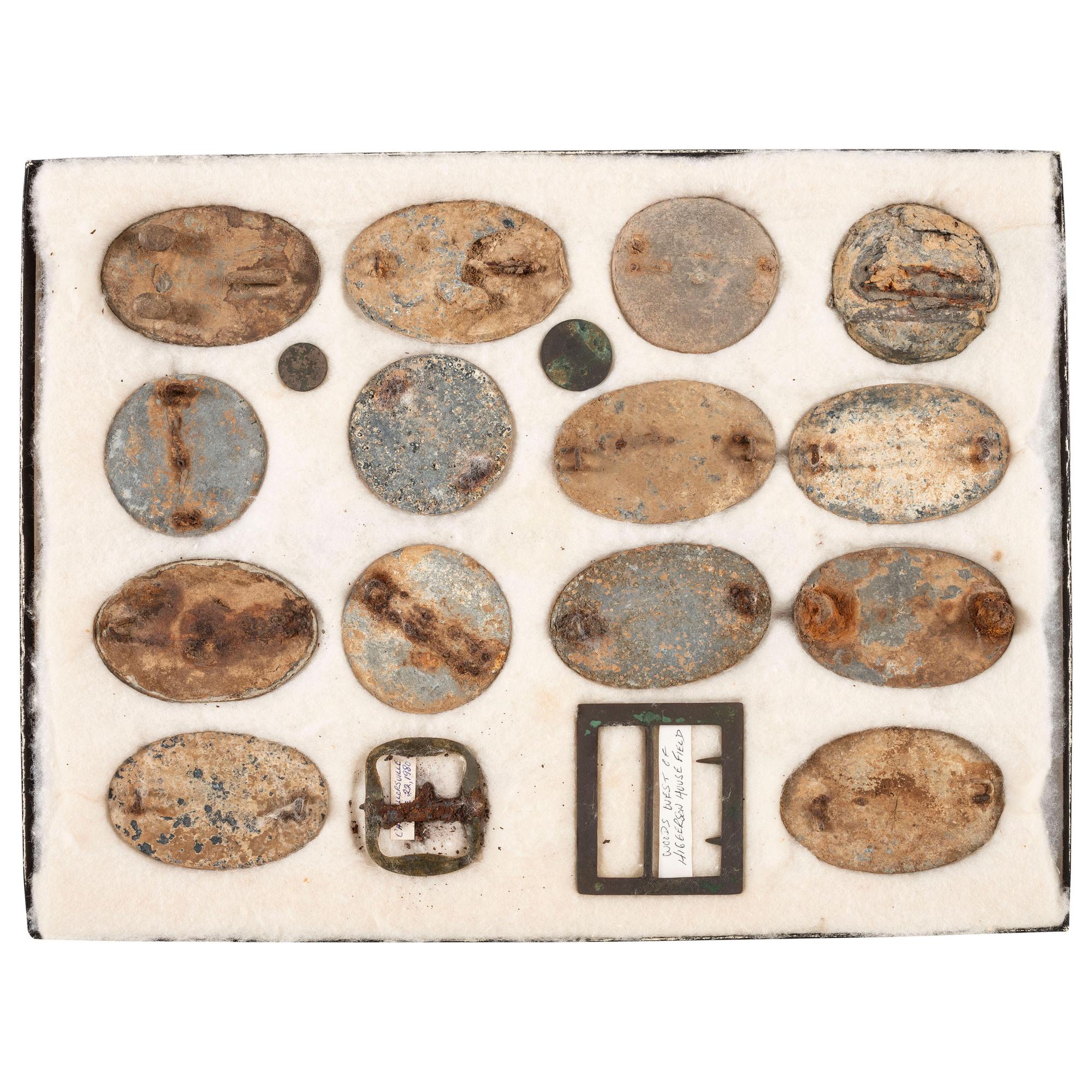 Large Riker Case of 15 Dug Civil War Plates Including a C.S. Frame, and 14 U.S. Plates