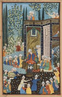 ILLUSTRATED LEAF WITH A COURTLY SCENE Leaf, from an illustrated Persian manuscript, on paper, with a scene of courtly leisure [Qajar, Iran, 20th century]