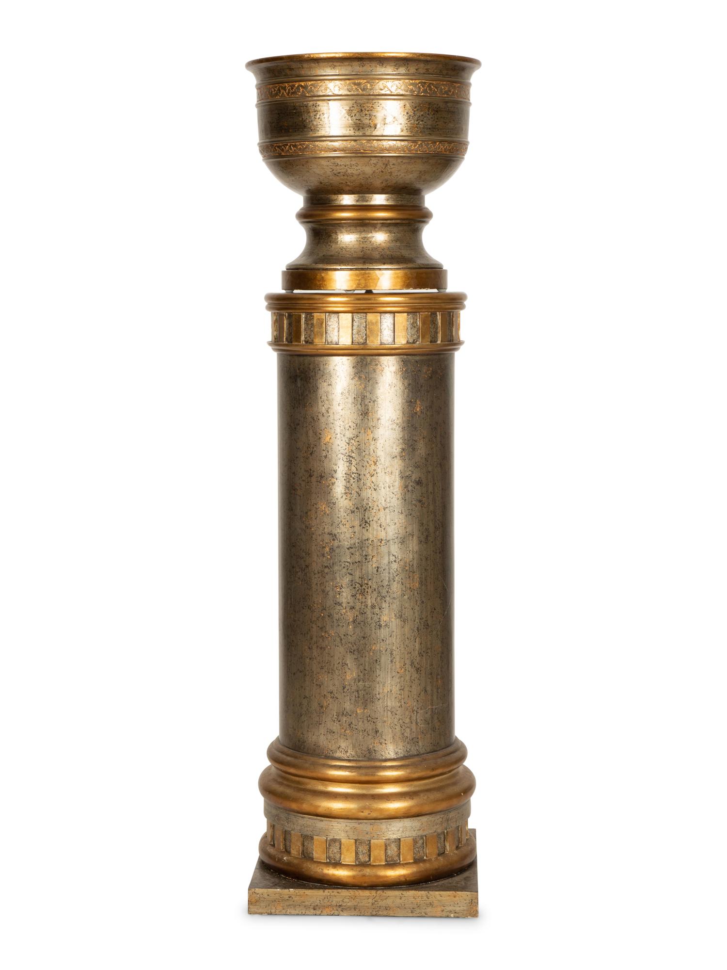 A Contemporary Silvered and Gilt Decorated Wood Urn on Pedestal Base
