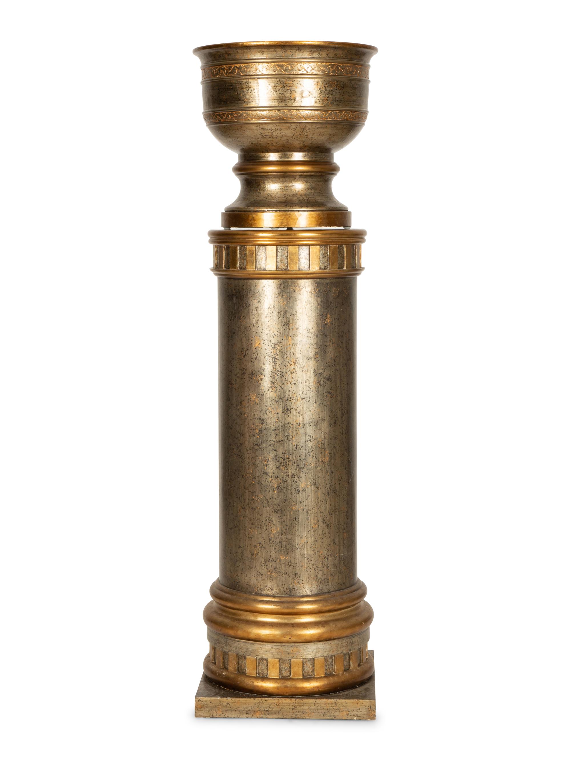 A Contemporary Silvered and Gilt Decorated Wood Urn on Pedestal Base