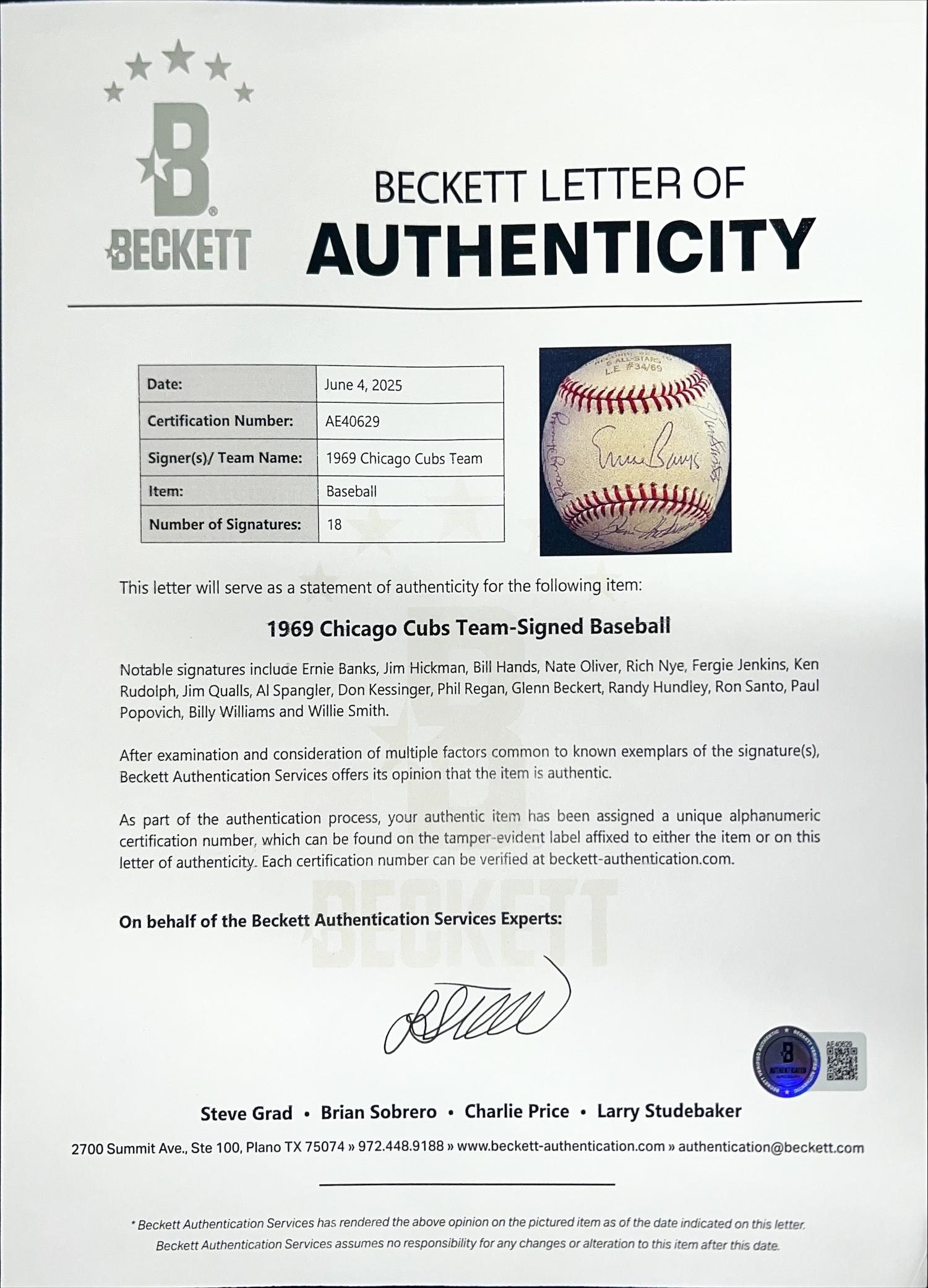 A 1969 Chicago Cubs Team Signed Autograph Baseball - 17 Signatures (Beckett Authentication Services)