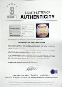 A 1969 Chicago Cubs Team Signed Autograph Baseball - 17 Signatures (Beckett Authentication Services)