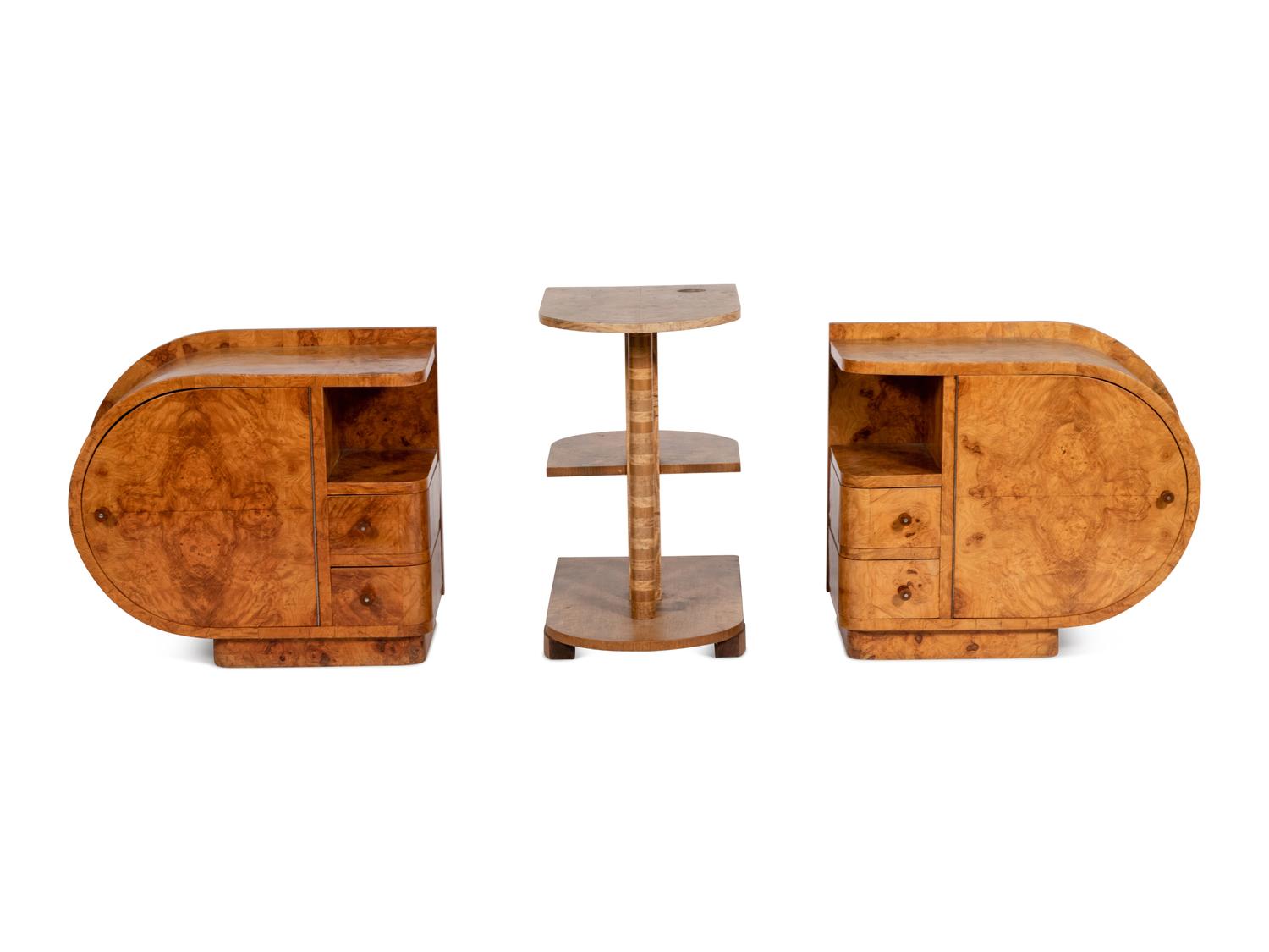 A Group of Three Art Deco Burlwood Side Tables