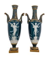A Fine Pair of Mintons Pâte-sur-Pâte Peacock Blue-Ground Vases