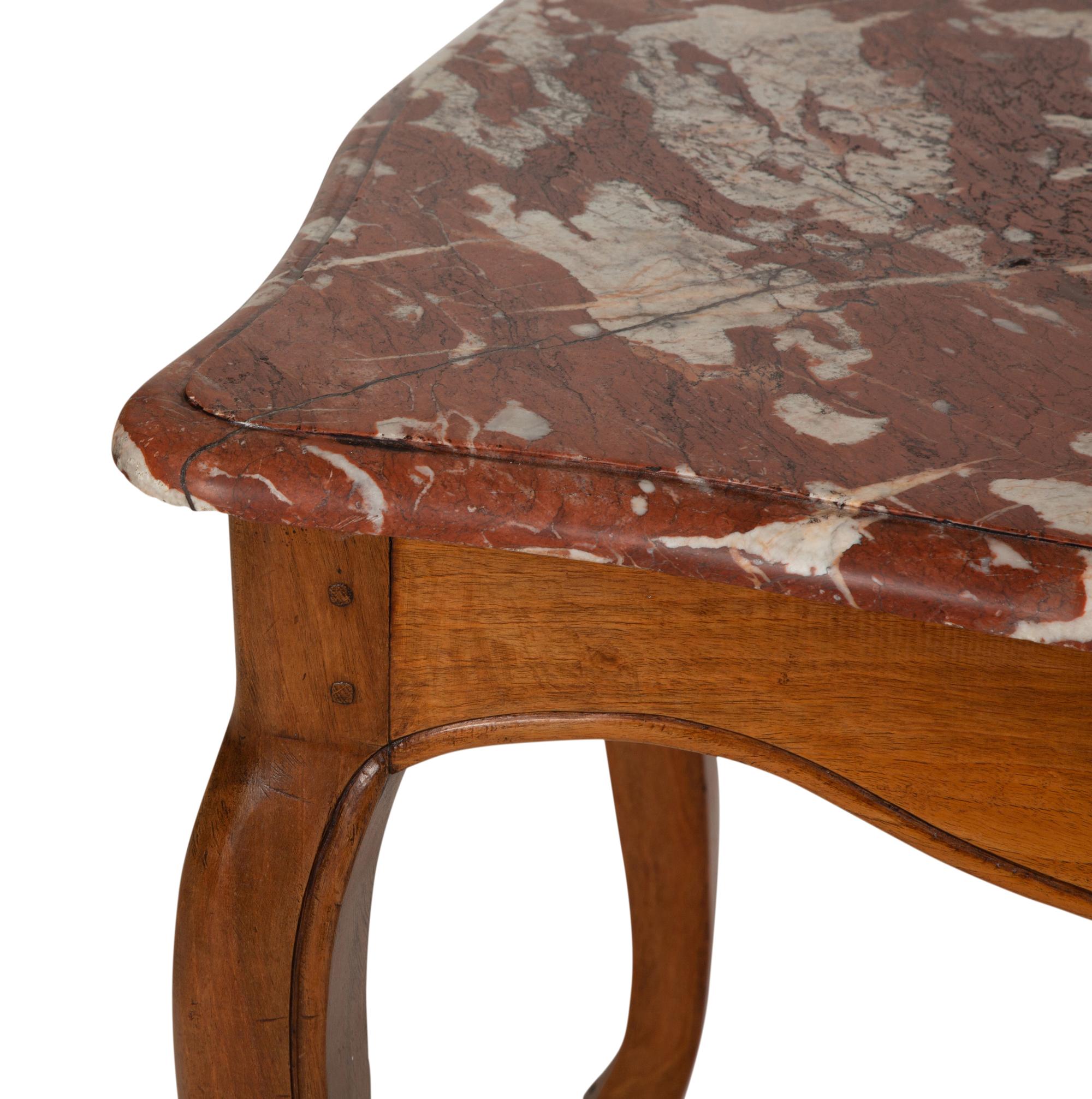 A French Provincial Louis XV Style Fruitwood Table with Rouge Marble Top