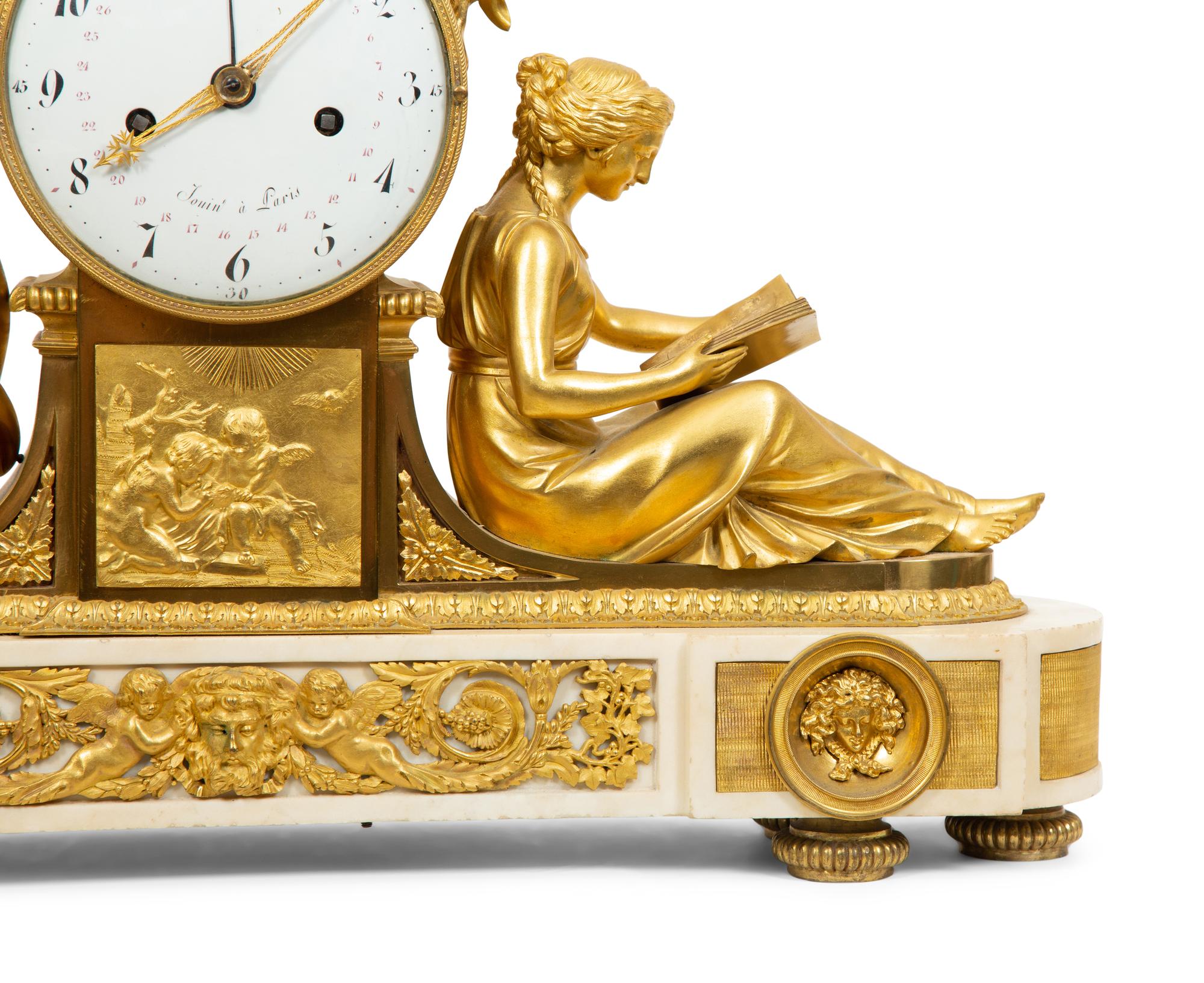 A Late Louis XVI Gilt Bronze and Marble Mantel Clock