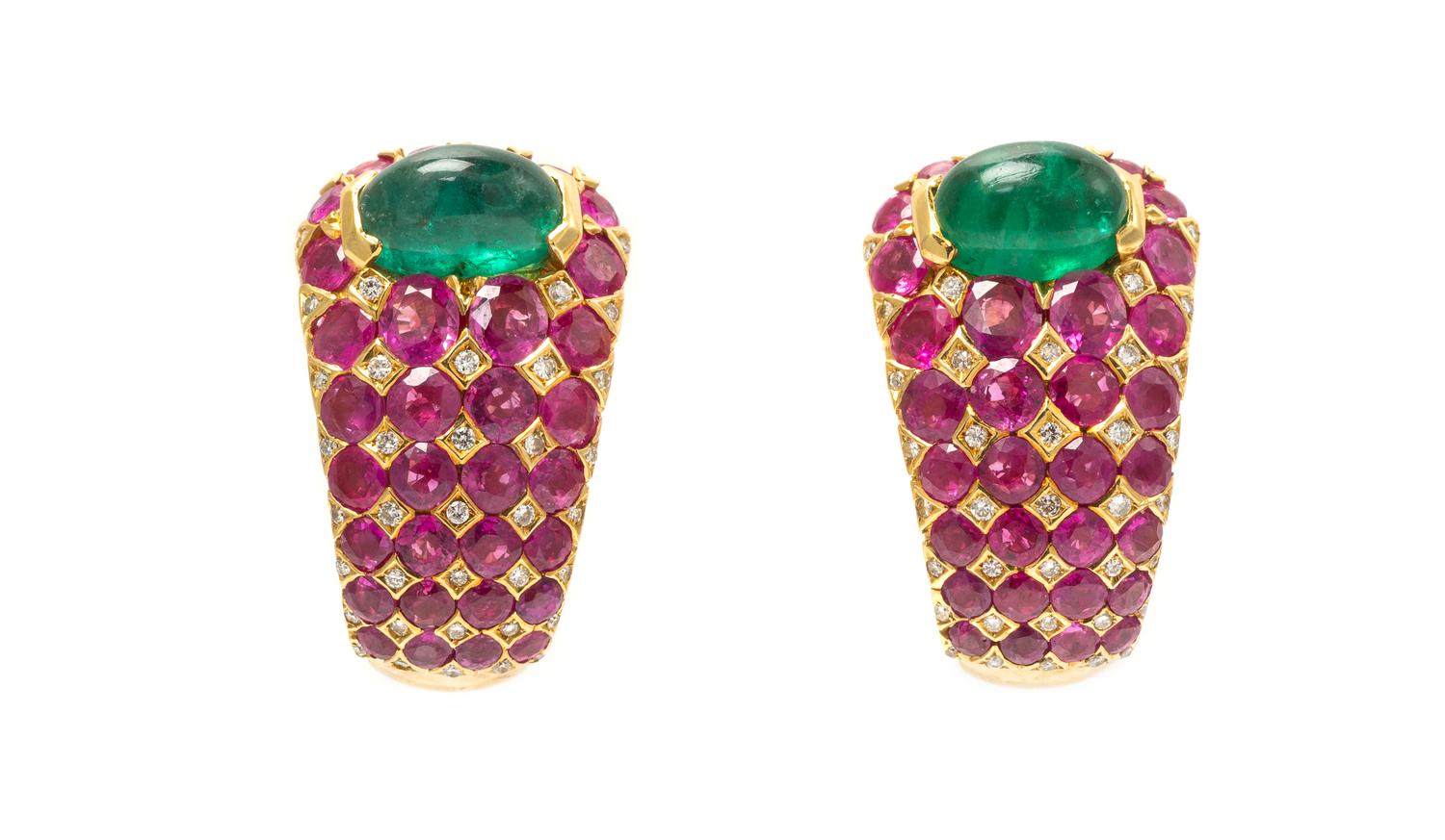 A Pair of 18 Karat Yellow Gold, Diamond, Emerald and Ruby Earrings, Elan, 21.40 dwts.