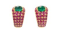 A Pair of 18 Karat Yellow Gold, Diamond, Emerald and Ruby Earrings, Elan, 21.40 dwts.