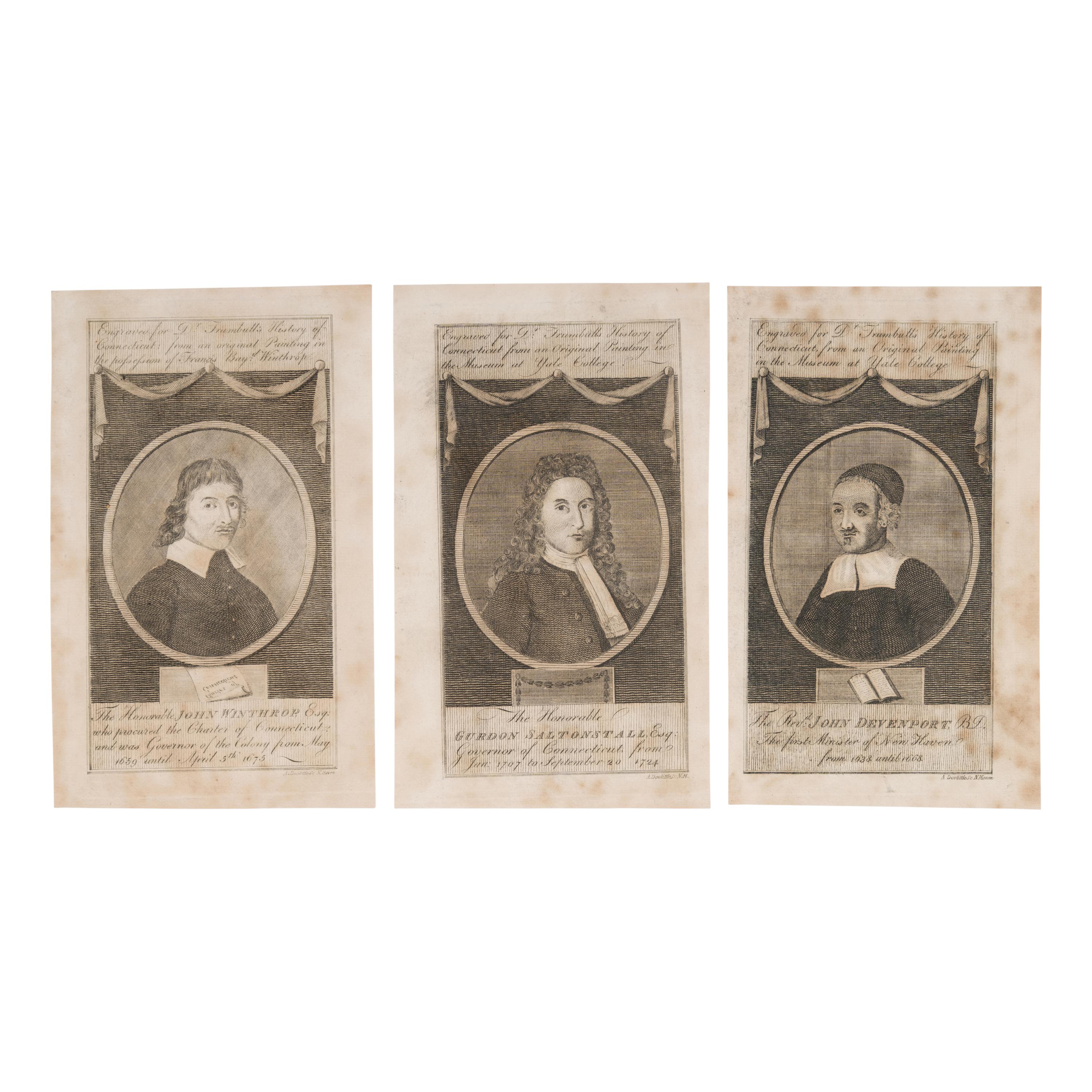 Doolittle, Amos (1754-1832), engraver. A group of 3 engraved portraits from A Complete History of Connecticut. [Hartford: Hudson & Goodwin, 1797].