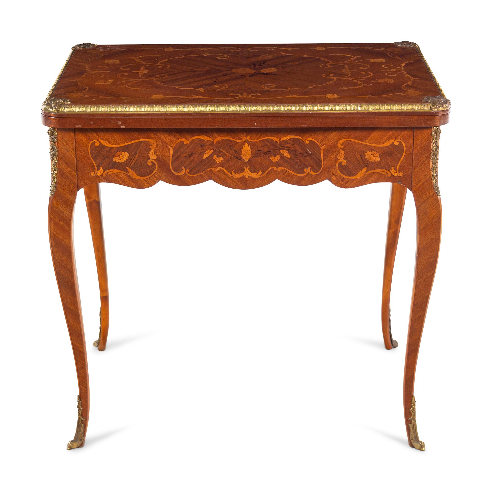 A Louis XV Style Gilt Metal Mounted Marquetry Flip-Top Table