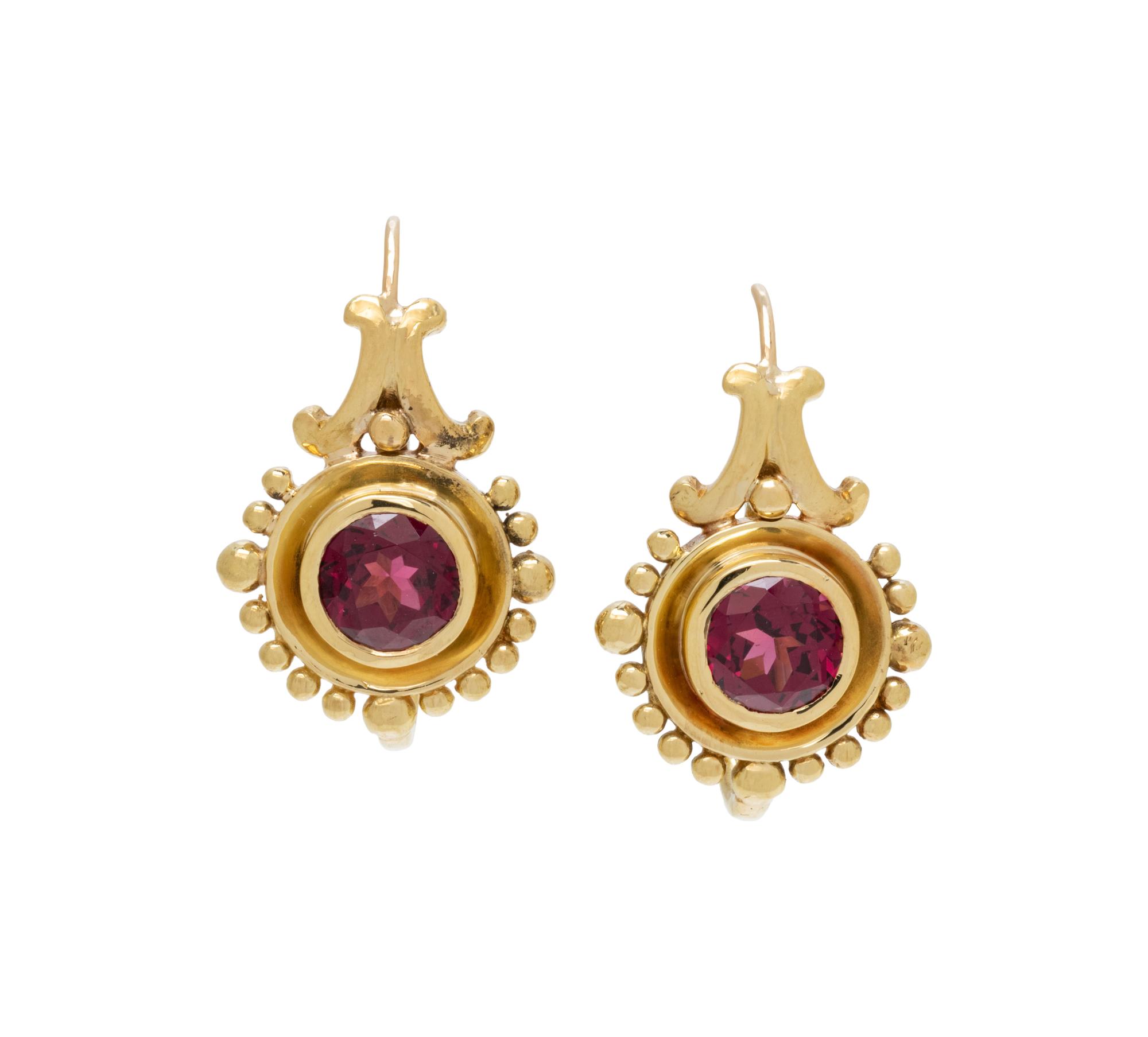 HELEN WOODHULL, YELLOW GOLD AND RHODOLITE GARNET EARRINGS