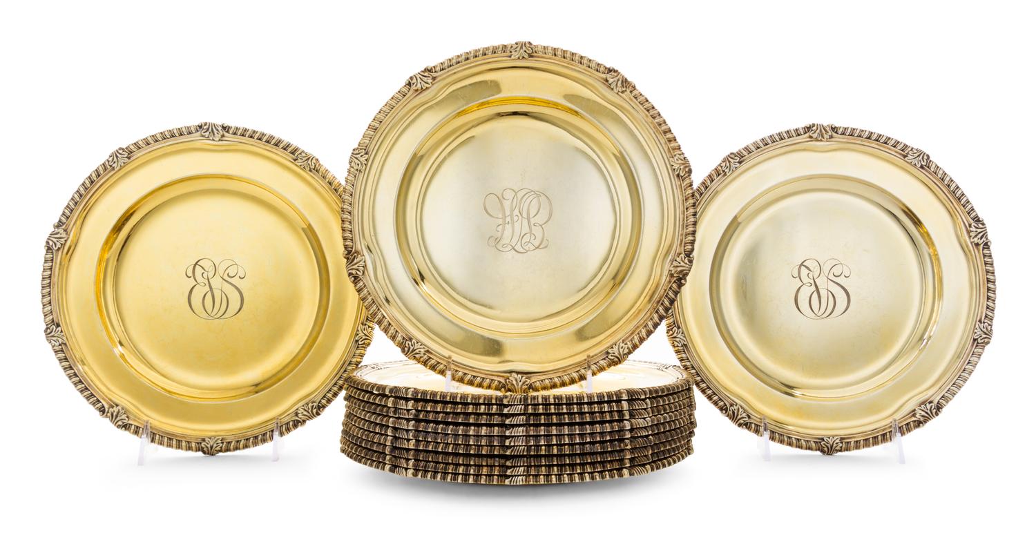 A Set of Twelve American Silver-Gilt Service Plates, Tiffany & Co., New York, NY, Early 20th Century, in the Georgian style with gadroo
