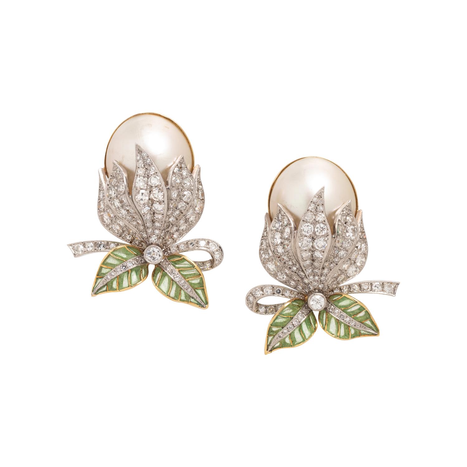 EVELYN CLOTHIER, DIAMOND, CULTURED MABE PEARL AND PLIQUE-À-JOUR ENAMEL EARCLIPS