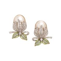 EVELYN CLOTHIER, DIAMOND, CULTURED MABE PEARL AND PLIQUE-À-JOUR ENAMEL EARCLIPS