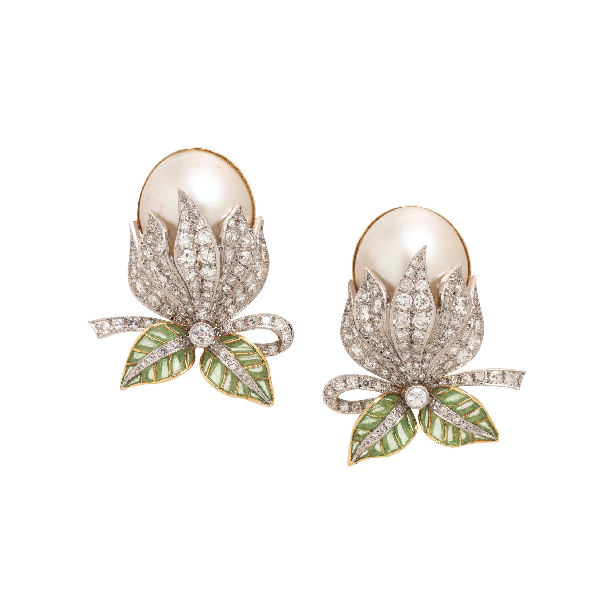 EVELYN CLOTHIER, DIAMOND, CULTURED MABE PEARL AND PLIQUE-À-JOUR ENAMEL EARCLIPS