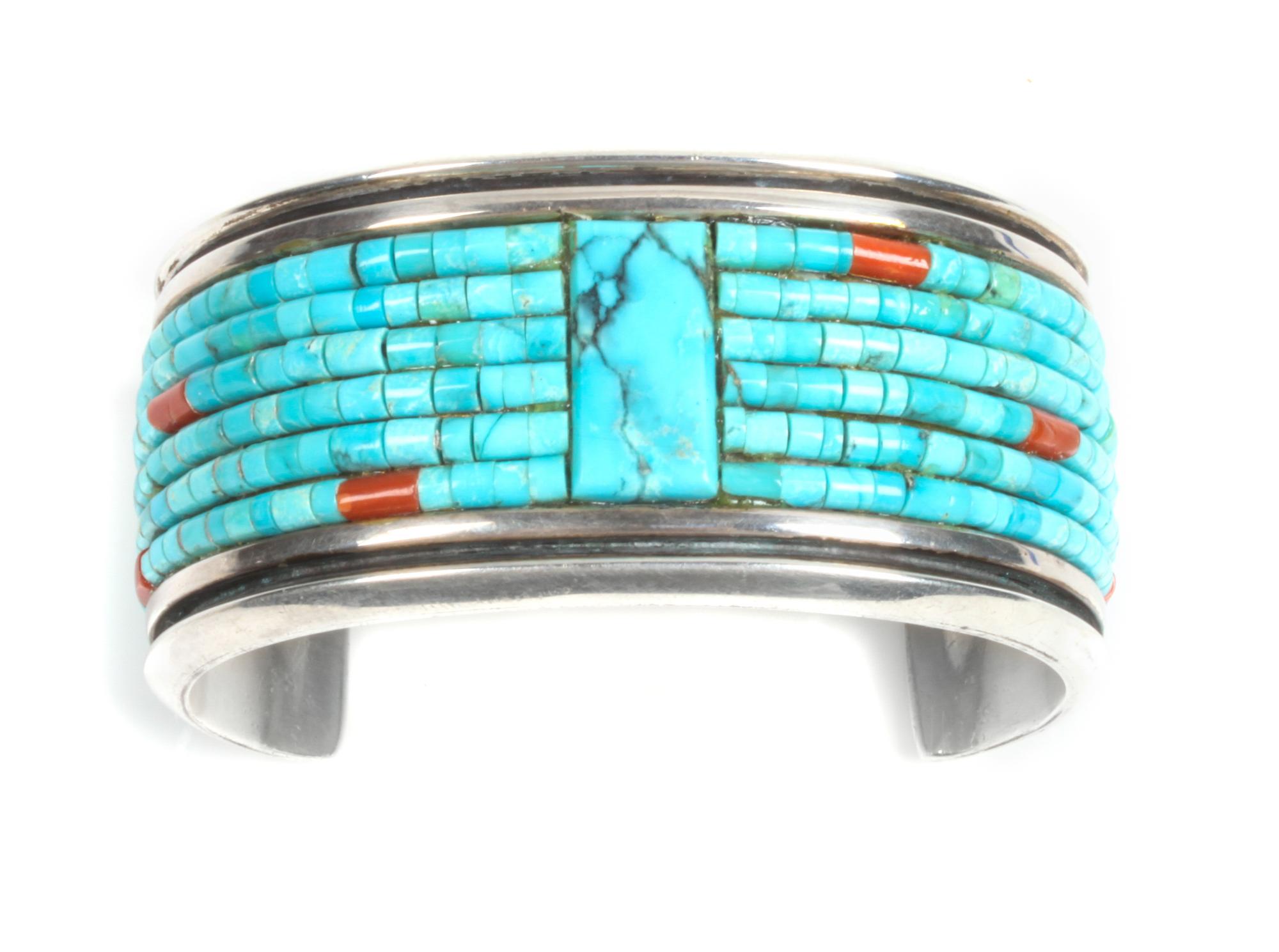 Southwestern Silver, Turquoise and Coral Cuff Bracelet Length 5 1/4 x opening 1 3/4 x width 1 1/4 inches