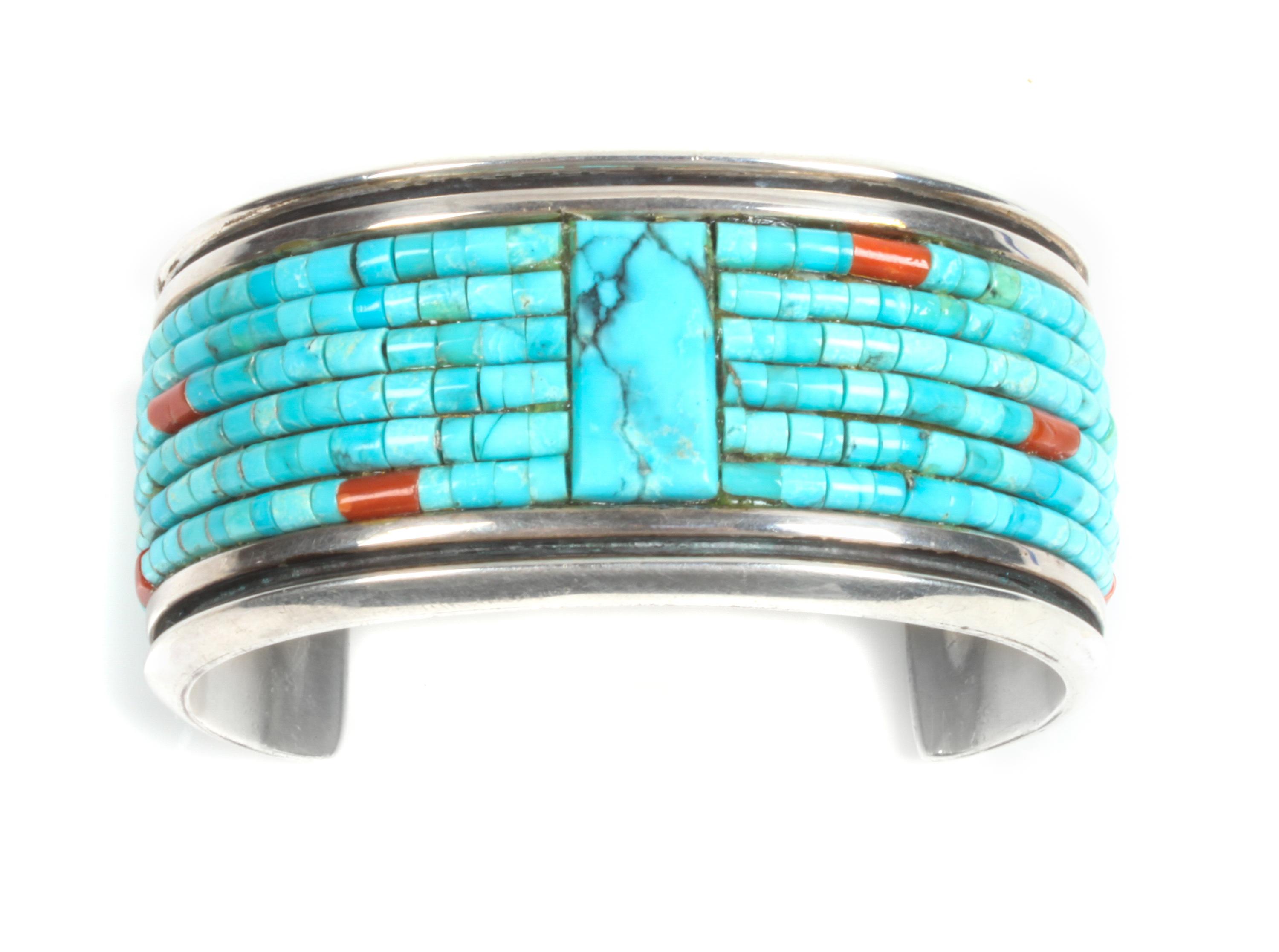Southwestern Silver, Turquoise and Coral Cuff Bracelet Length 5 1/4 x opening 1 3/4 x width 1 1/4 inches
