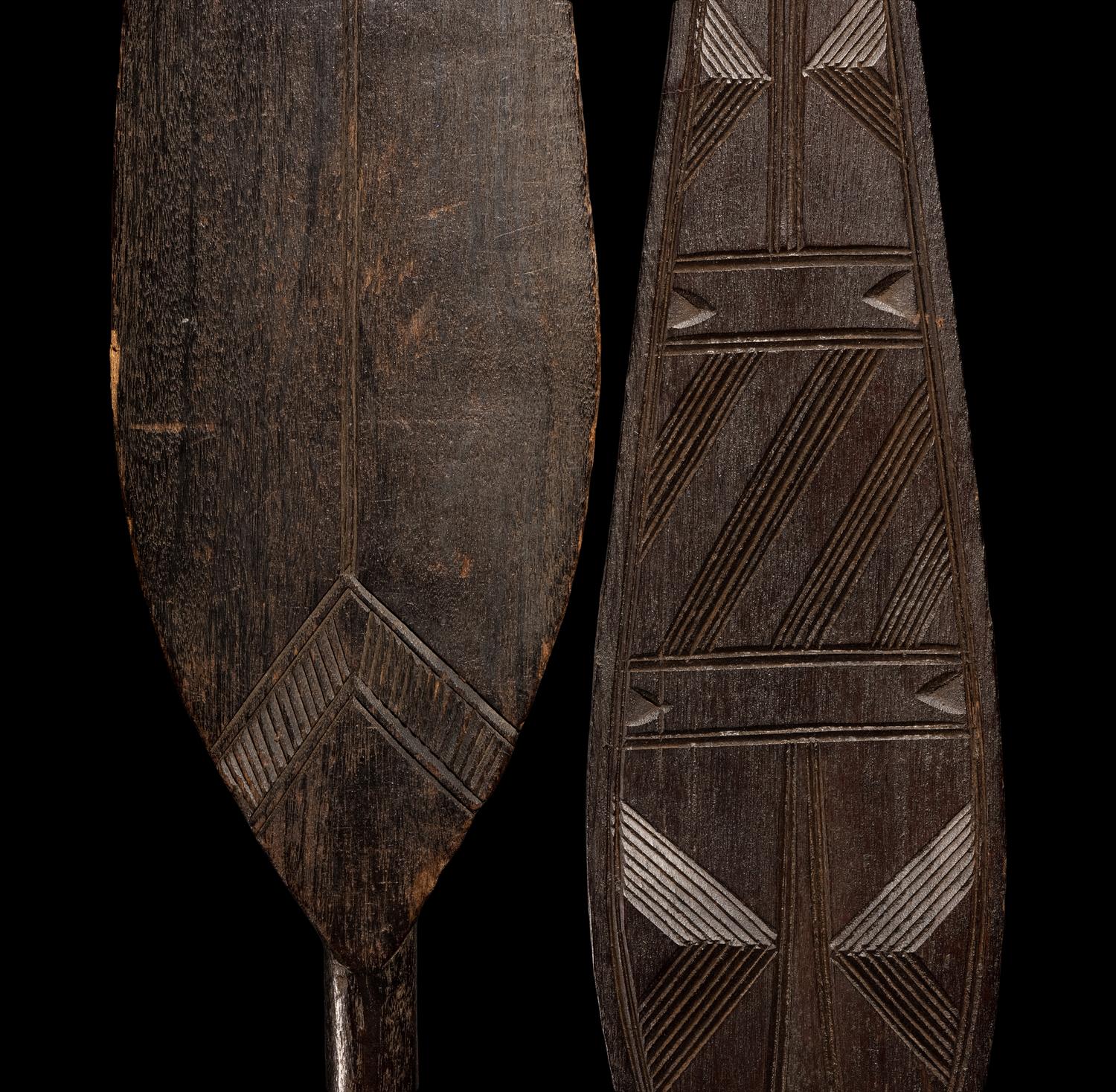 A Ngombe Wicket Shield with Three Spears and a Mbiu Horn