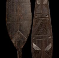 A Ngombe Wicket Shield with Three Spears and a Mbiu Horn