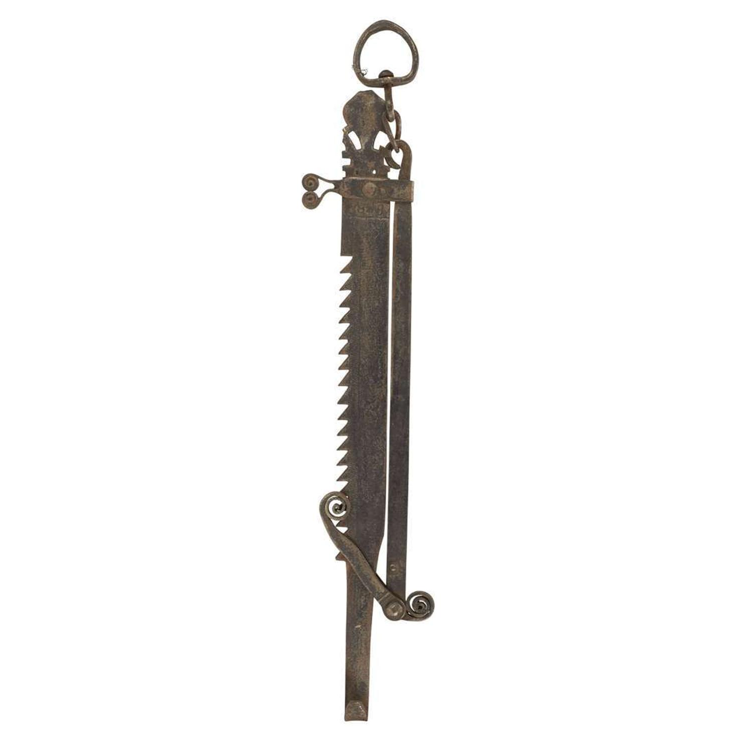 Wrought iron fireplace trammel dated "1828"