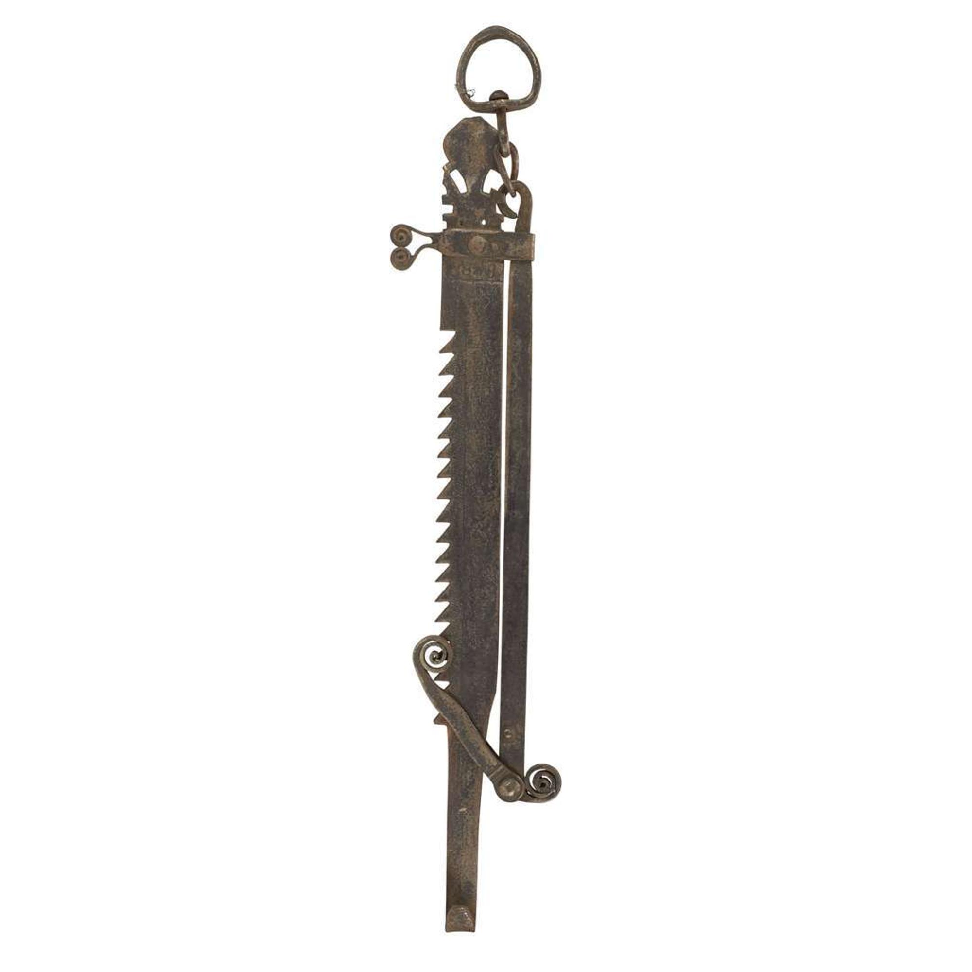 Wrought iron fireplace trammel dated "1828"
