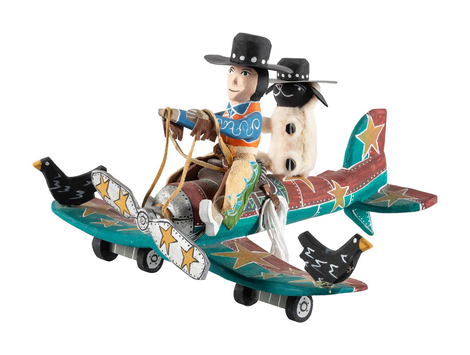 Carved and Painted Airplane, with Cowboy Pilot and Sheep Copilot