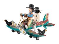 Carved and Painted Airplane, with Cowboy Pilot and Sheep Copilot