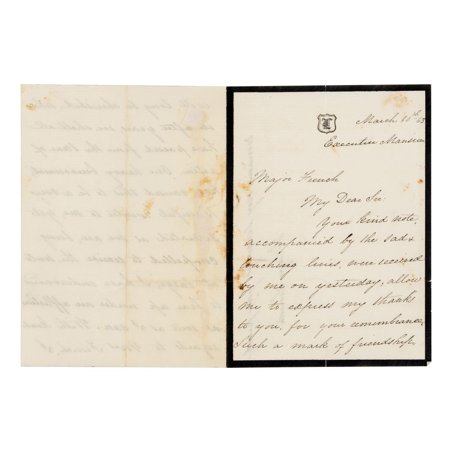 LINCOLN, Mary Todd (1818-1882). Autograph letter signed ("Mary Lincoln") to B.B. French, Washington, D.C., 10 March 1863.