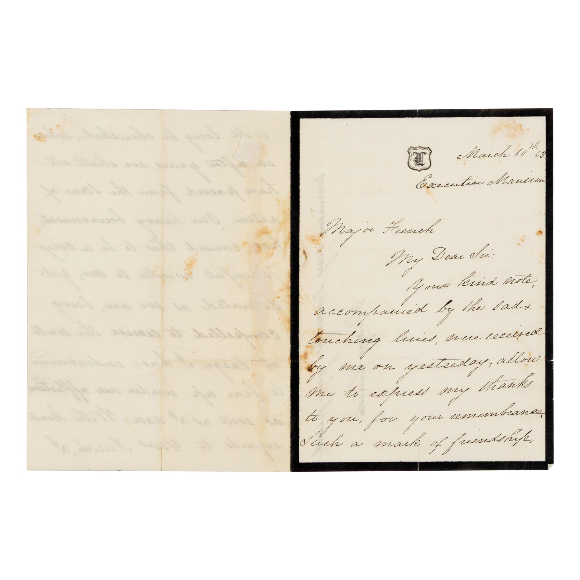 LINCOLN, Mary Todd (1818-1882). Autograph letter signed ("Mary Lincoln") to B.B. French, Washington, D.C., 10 March 1863.
