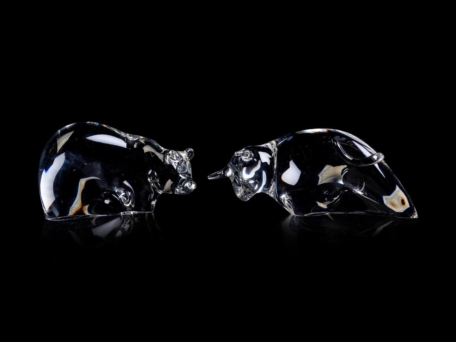 Steuben Glass Bear and Bull Figures
