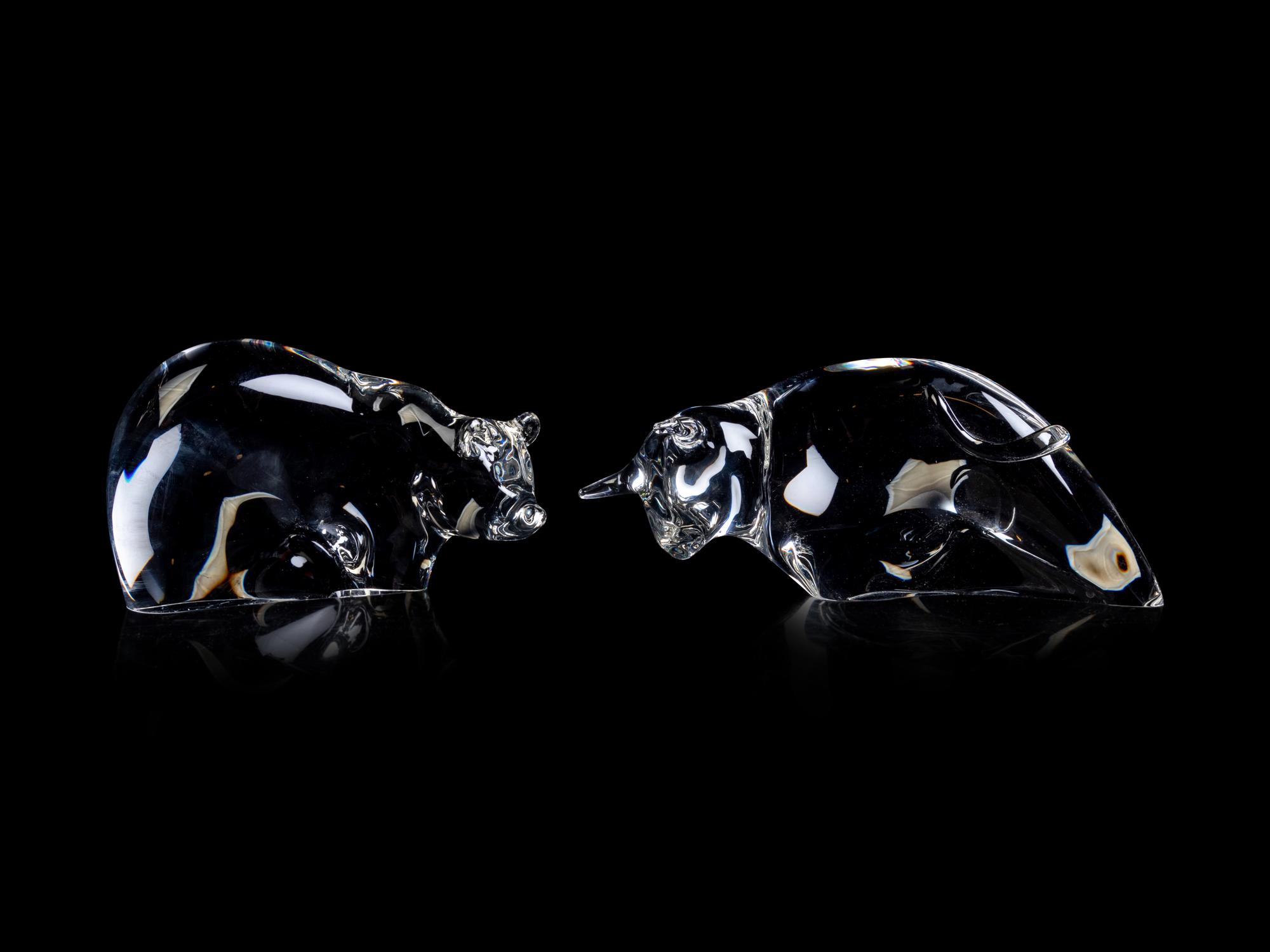 Steuben Glass Bear and Bull Figures