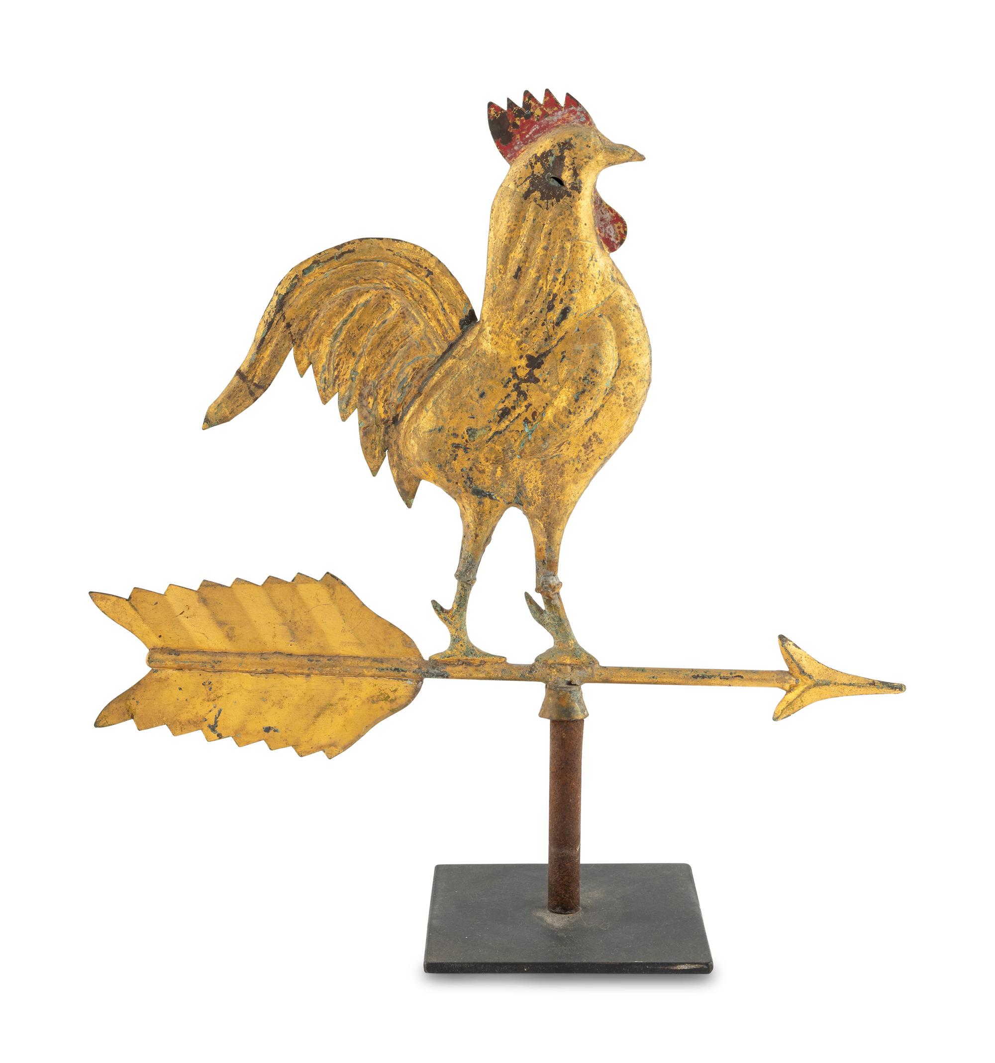 A Gilt and Red Painted Molded Copper Rooster Weathervane