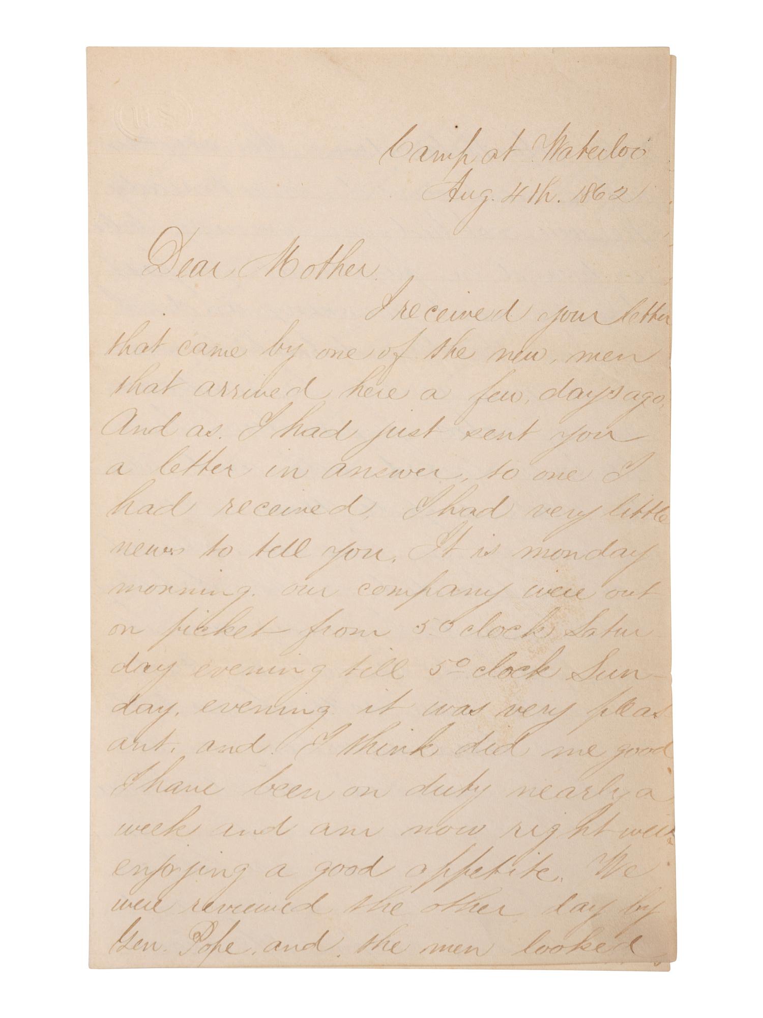 [CIVIL WAR]. Archive related to Albert Campbell Johnston and Nathaniel Dillhorn, 90th Pennsylvania Volunteers, incl. letter detailing the Battle of Cedar Mountain.